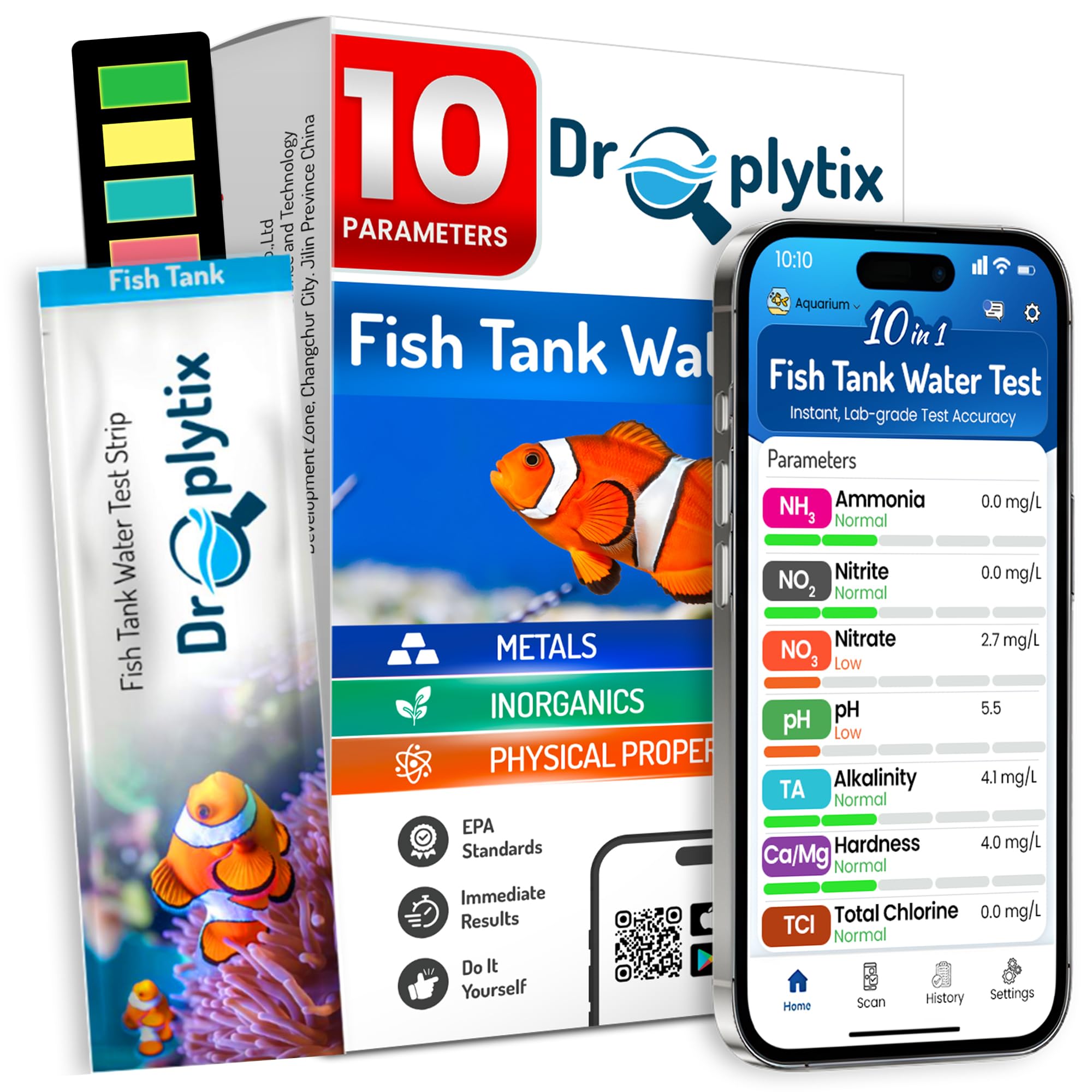 DROPLYTIX Digital Aquarium Water Test Kit, App-Enabled 10-in-1 Freshwater & Saltwater Aquarium Test Strips for Fish Tanks, Shrimp, Reef Test Strips, pH, Ammonia, Nitrate, Nitrite, GH, KH, Chlorine