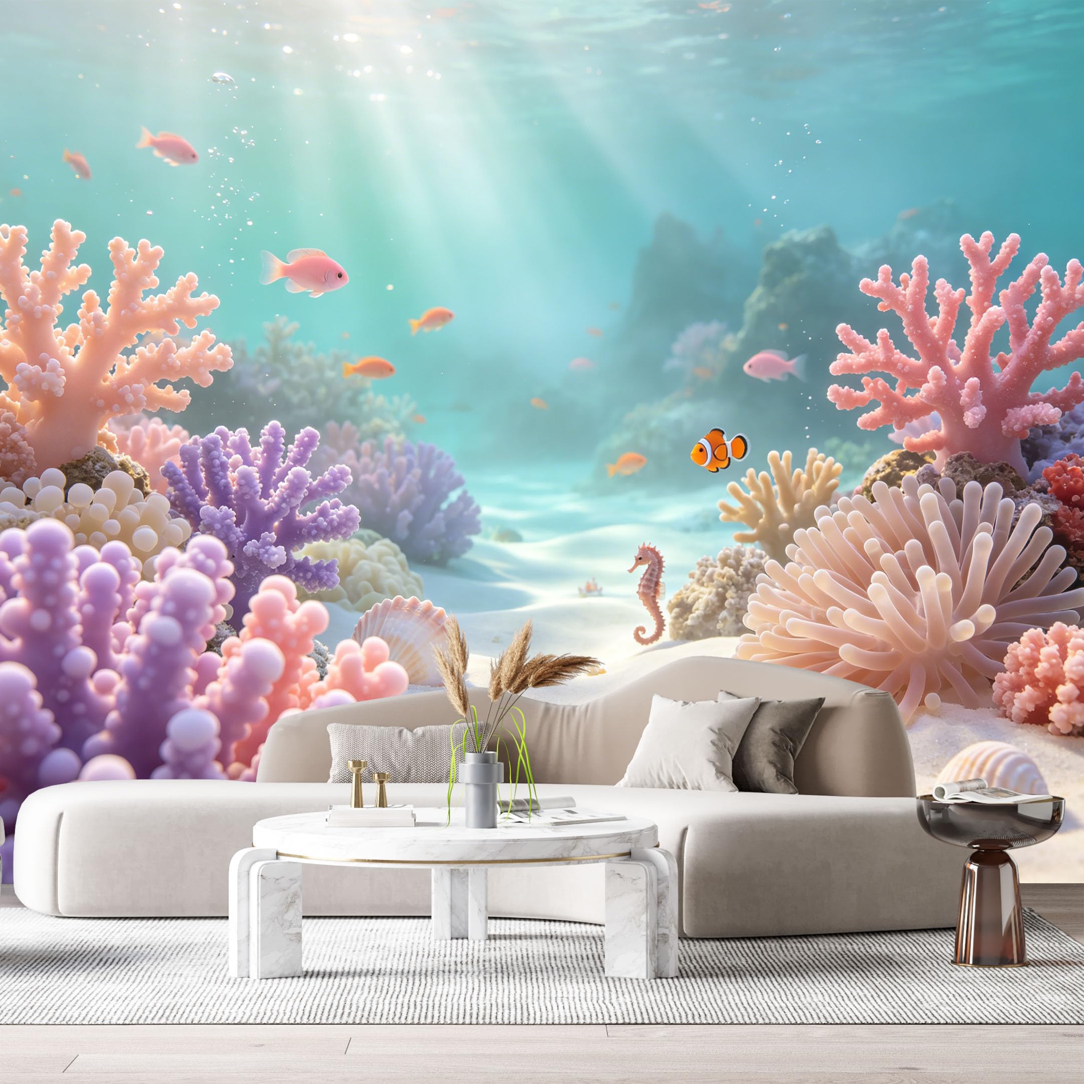 Custom Size Wall Murals Ocean Marine Tropical Coral Reef Seahorse Underwater 3D SelfAdhesiveWall Fabric Removable Wallpaper Wall Decor for Living Room Bedroom Bathroom