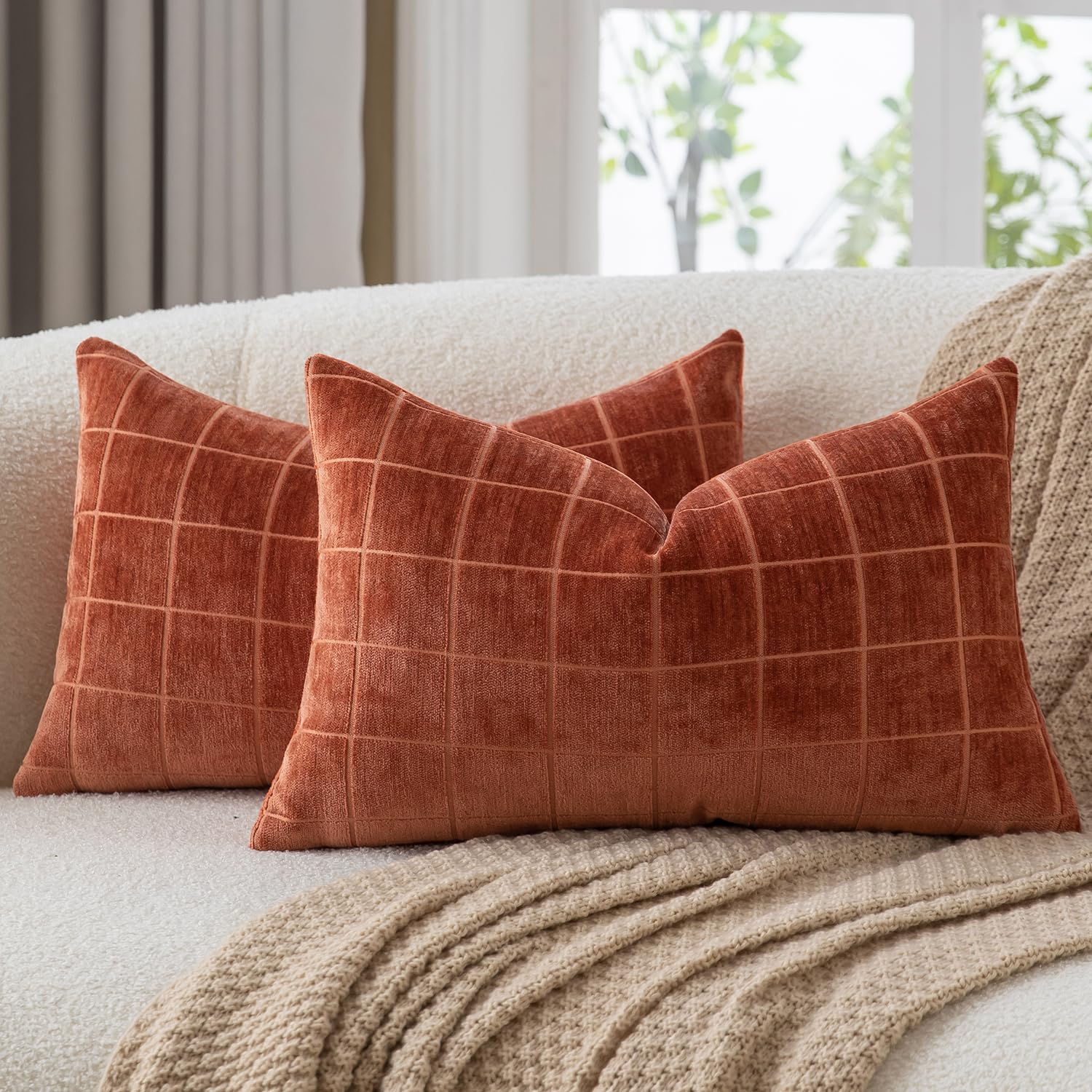 Mandioo Pack of 2 Chenille Check Cushion covers 40x80cm 16x32 Inch Vintage Plaid Decorative Pillow Covers Soft Velvet Backing Throw Pillow cases Farmhouse Sofa Couch Bed Living Room BurntBrick โ image 1