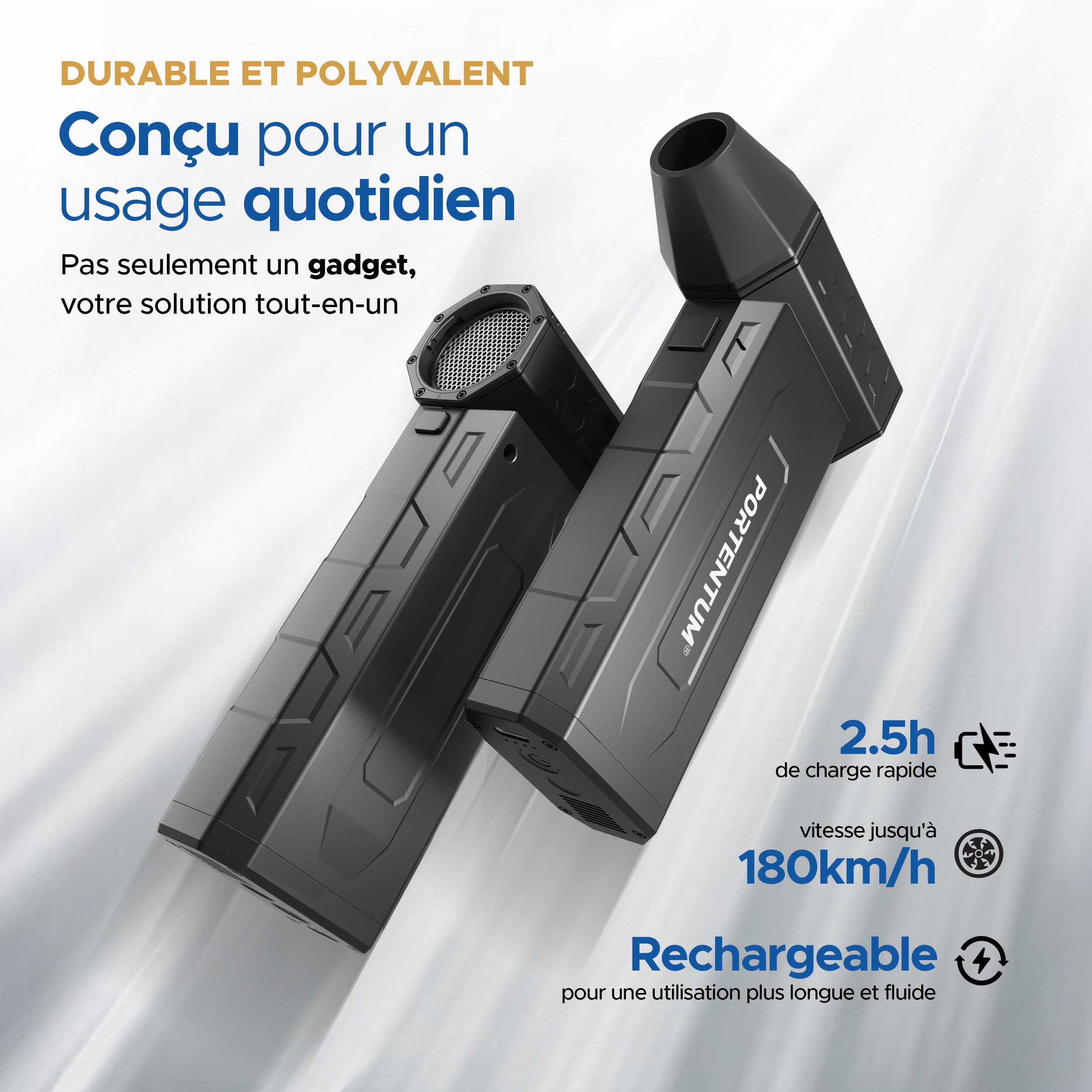 PORTENTUM 3 en 1 Souffleur air comprimé 180 km/h – Aspirateur voiture puissant sans fil 25 kPa – Lampe torche double LED – Set de 25 avec 6 buses et 13 brosses – Autonomie jusqu’à 115 min