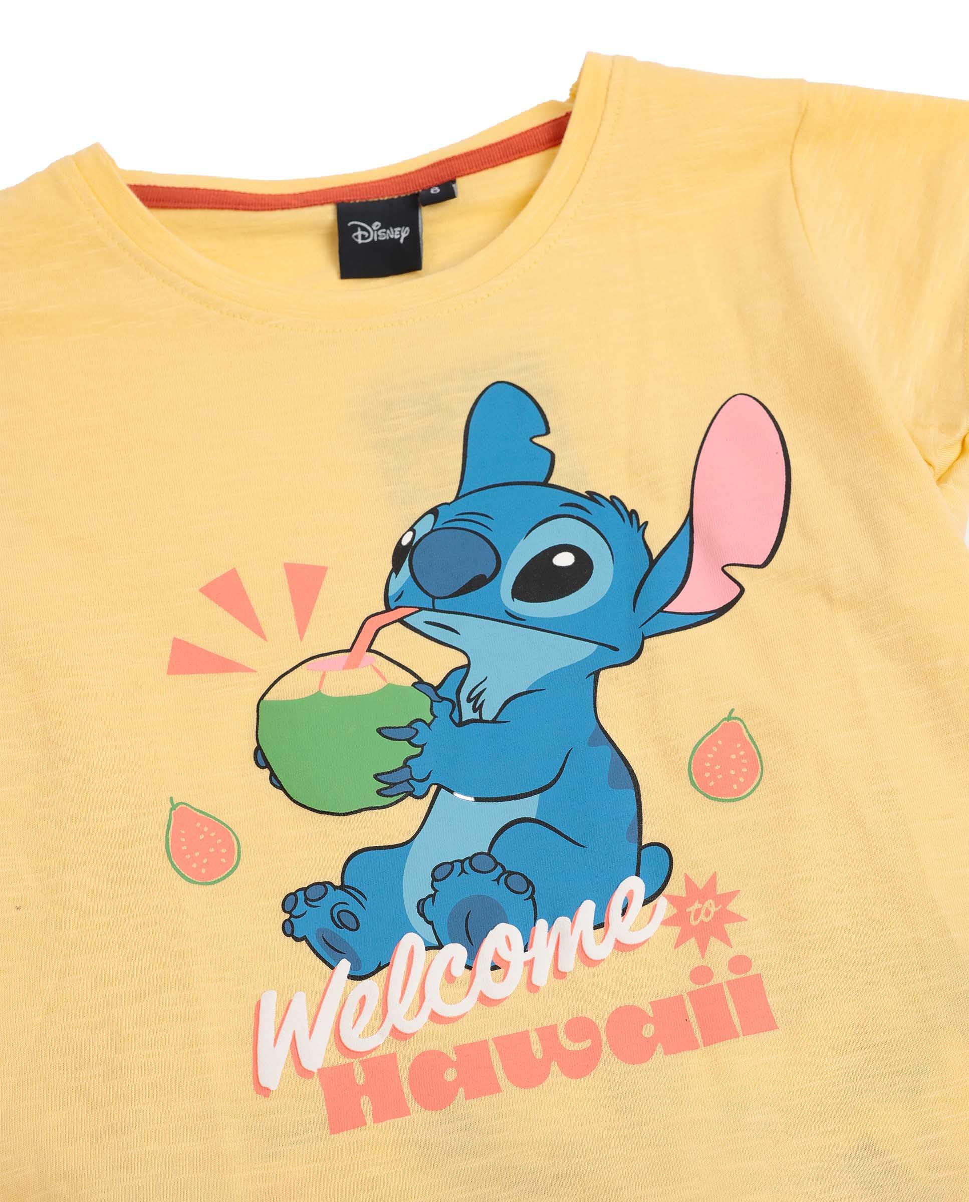 Disney Pijama niña Verano 100% algodón - Pijama Manga Corta Tropical Stitch para niña – pantalón Corto con Cinturilla elástica Estampado – Tejido Suave al Tacto, Amarillo - Talla 8 años