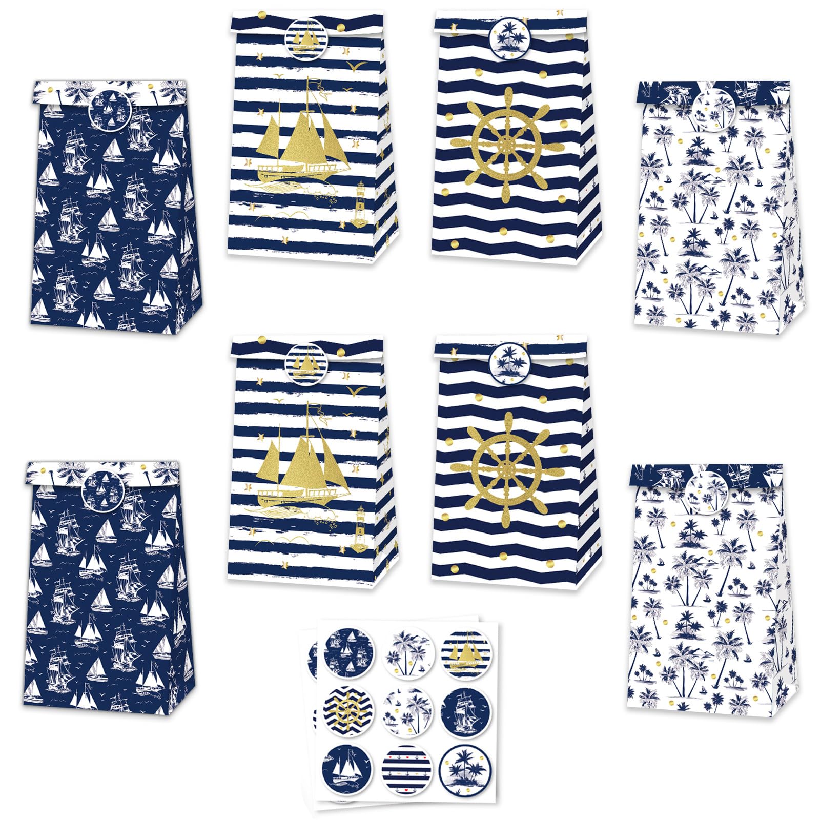 MORAINJAY 12 Pcs Nautical Party Paper Bags, Ocean Anchors Theme Goodie Bags, Kids Birthday Gift Treat Bags, Boys and Girls Party Favour Decoration Supplies, with 18 Stickers — image 1