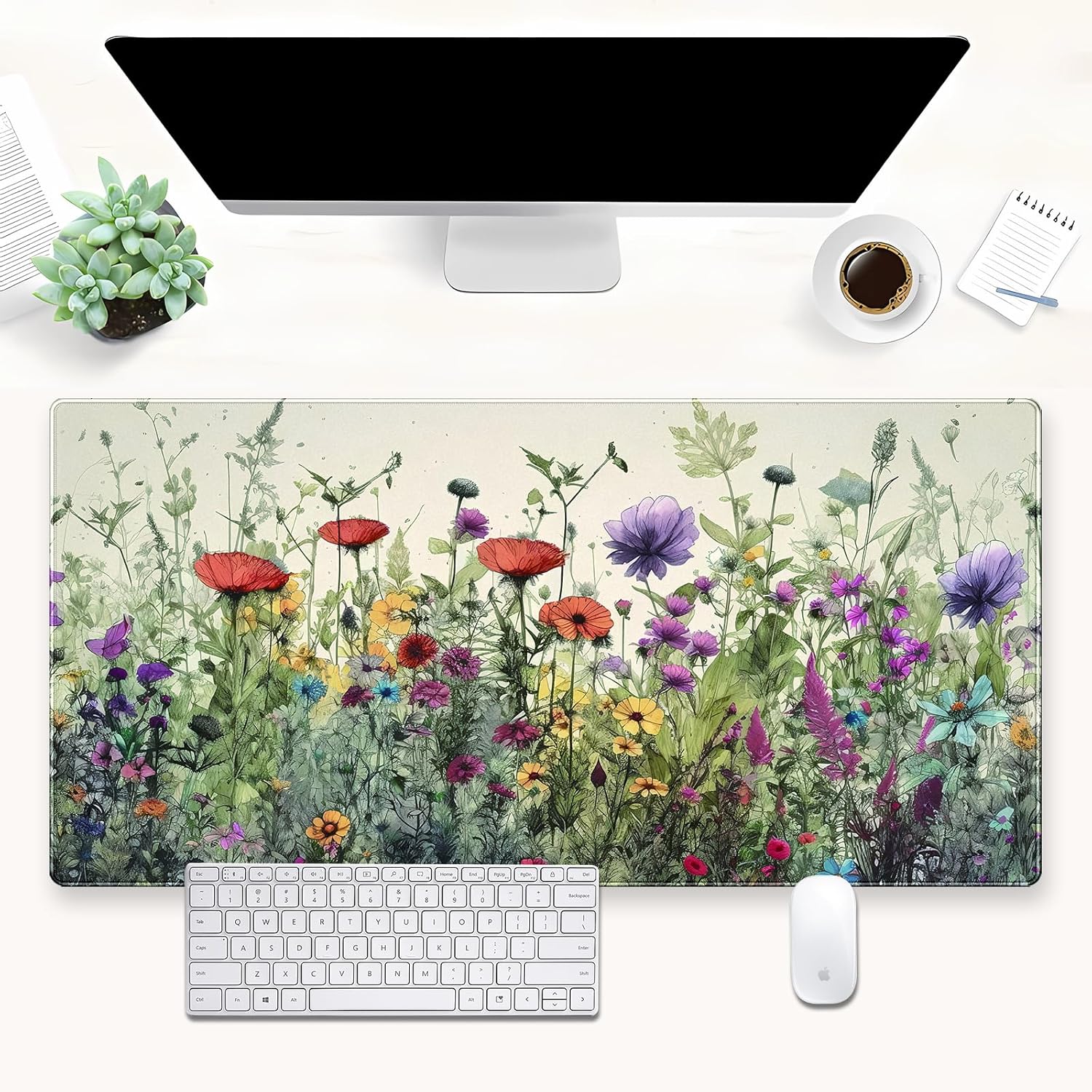 Floral Desk Pad Mat Watercolor Flowers Desk Mat XL Large Gaming Mousepad Extended Aesthetics Laptop Computer Keyboard and Mouse Pad Office Desk Decor for Women 31.5 x 15.7 in
