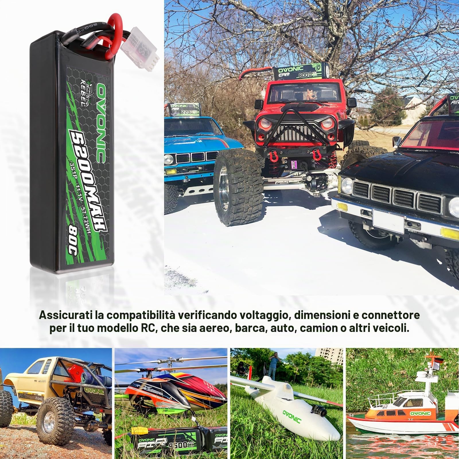 OVONIC Batteria Lipo RC, 80C, 5200 mAh, 11,1 V, con spina EC5, custodia rigida per RC Car Monster Truck RC Truggy Buggy RC Truck Hobby(2 pezzi)