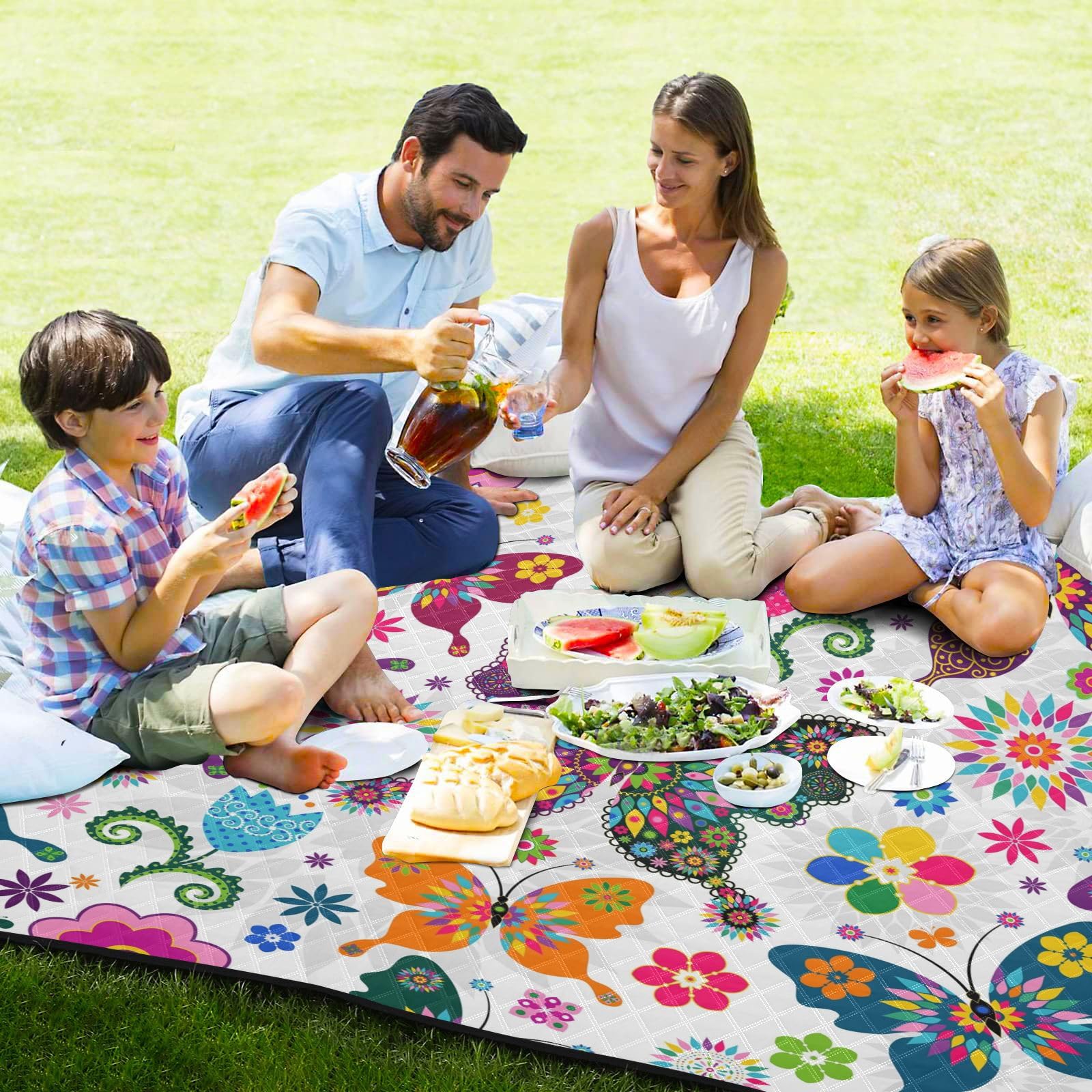 Picknickdecke, 200 x 200 cm, florales Schmetterling, Blume, große Picknickmatte, wasserdicht, Stranddecke, tragbarer Outdoor-Teppich, Camping-Matte