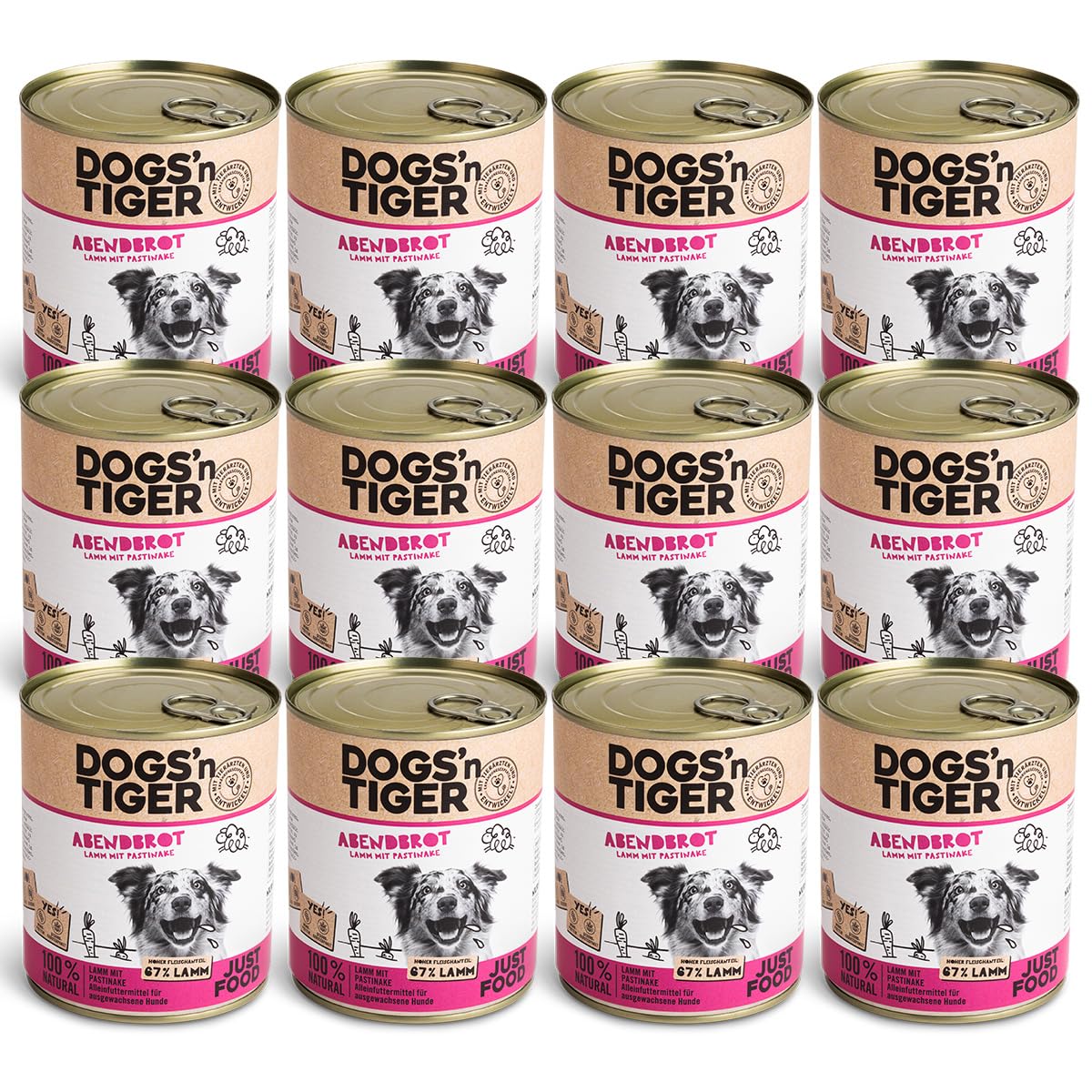 Dogs'n Tiger Adult mokra karma dla psów, kolacja, receptura odpowiednia dla zwierząt, 67% zawartości mięsa + olej lniany + zioła – bez cukru, sztuczne aromaty, jagnięcina i pasternak, 12 x 800 g