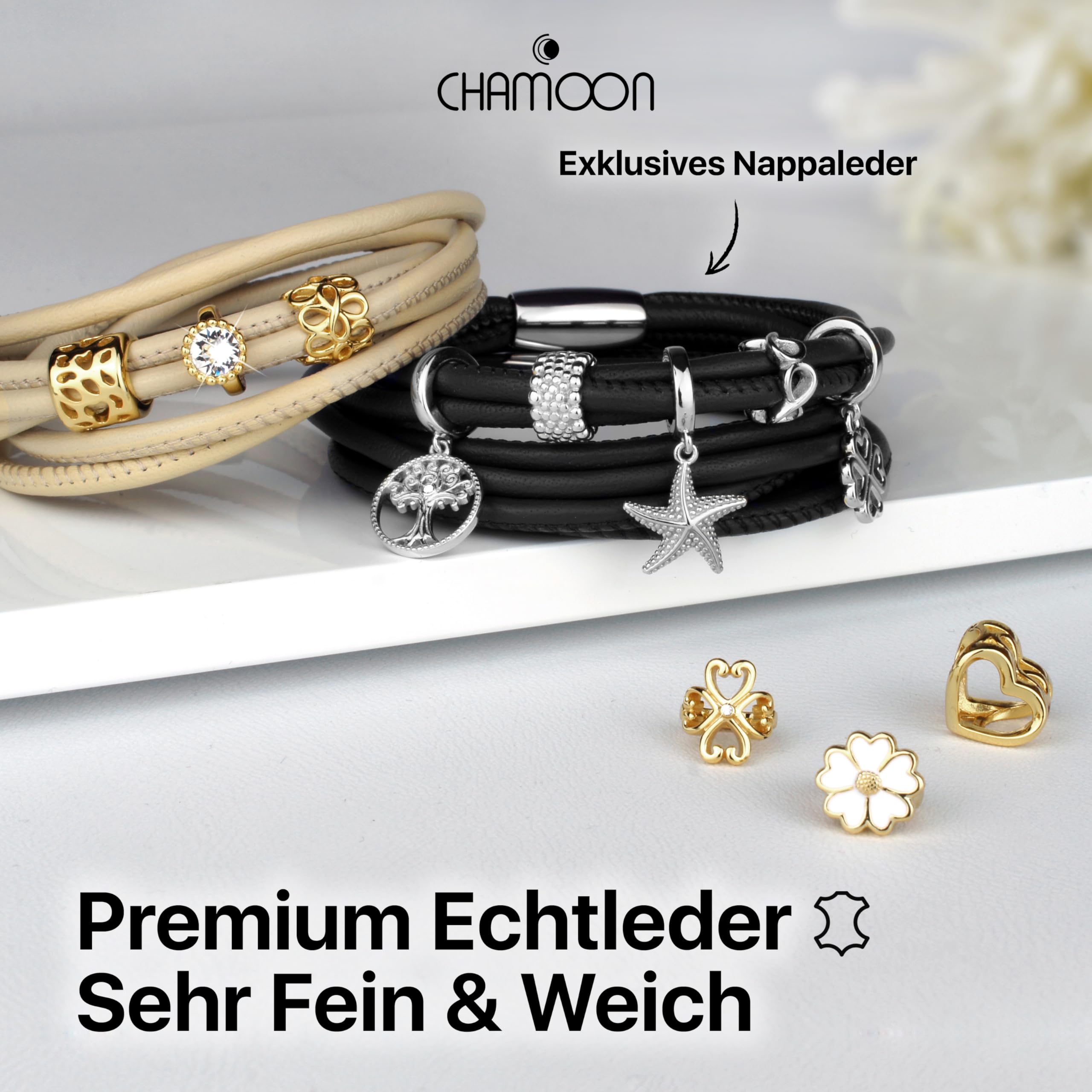 CHAMOON® Premium Lederarmband für Damen | Besonders fein & weich | Praktischer Magnetverschluss aus Edelstahl | Mit über 80 Charms erweiterbar | 7 Farben | Einfach- & doppelt-gewickelt