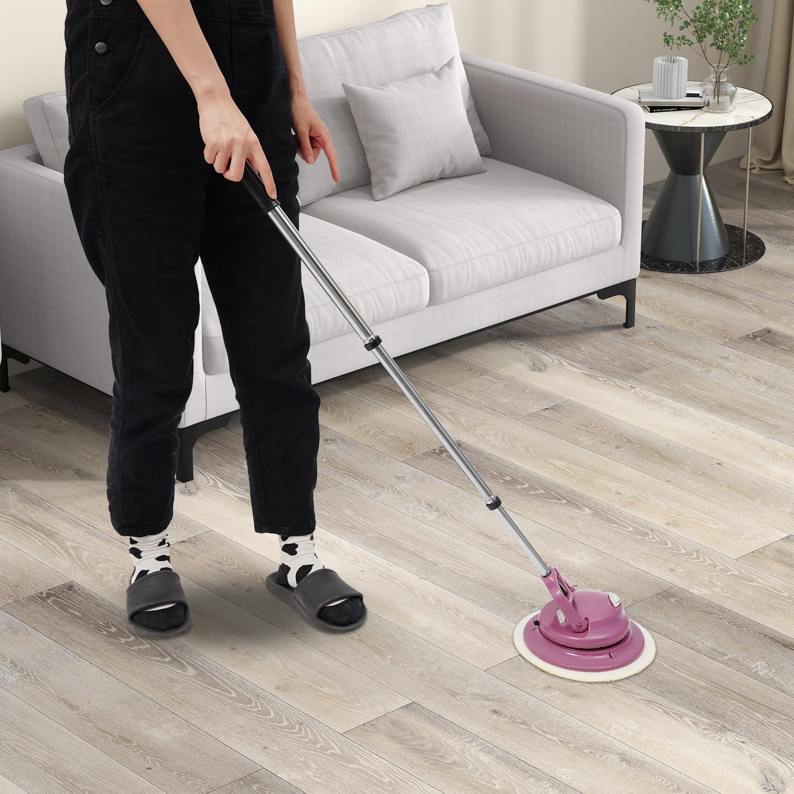 Mopa eléctrica rosa con cable USB 36 W 160 RPM con batería con 6 almohadillas y luz LED – Limpiador de suelos para madera, azulejos y laminados