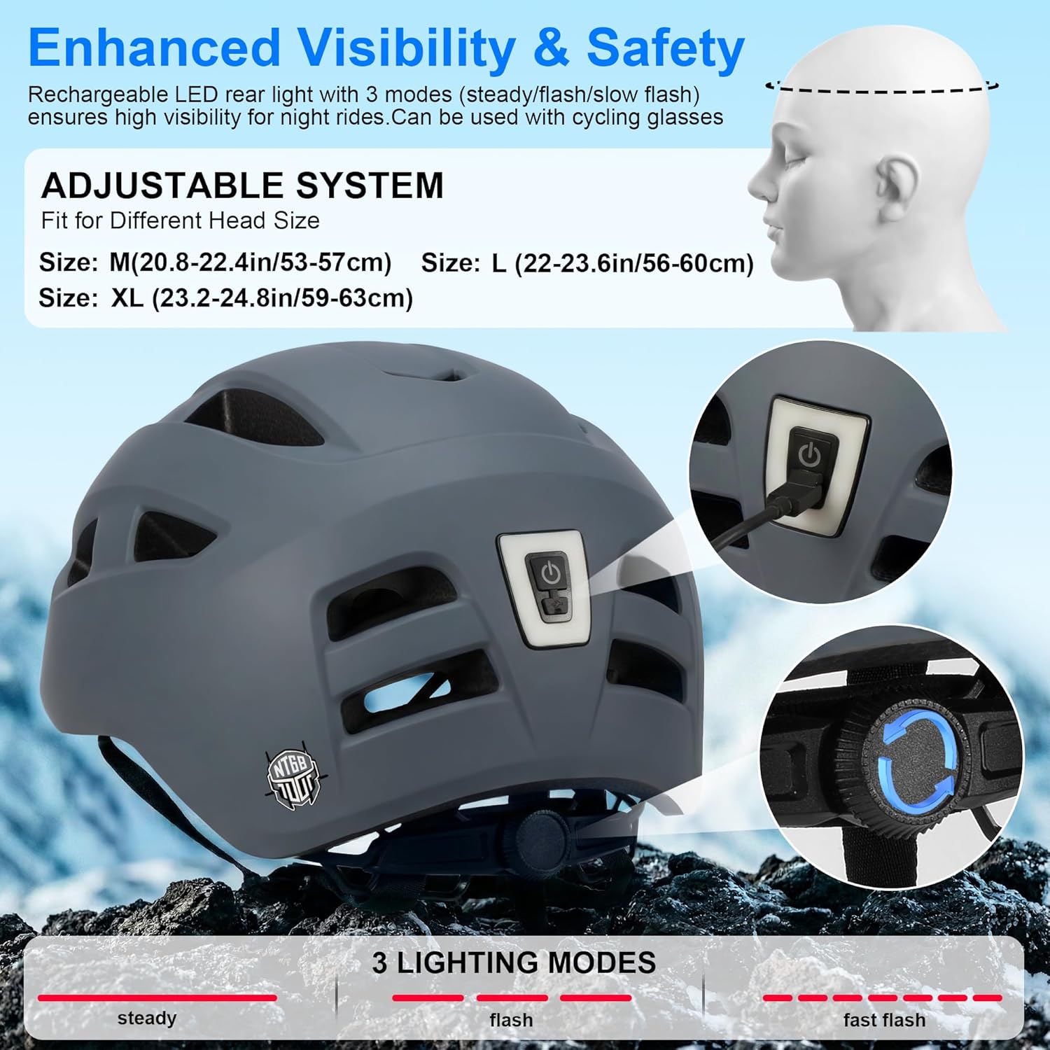 Bike Helmet Adult Men/Women/Youth-USB Rechargeable Rear Light Electric Scooter Helmet with CPSC/ASTM Certified Adjustable Lightweight Design for Road Trail Urban&Recreational Riding