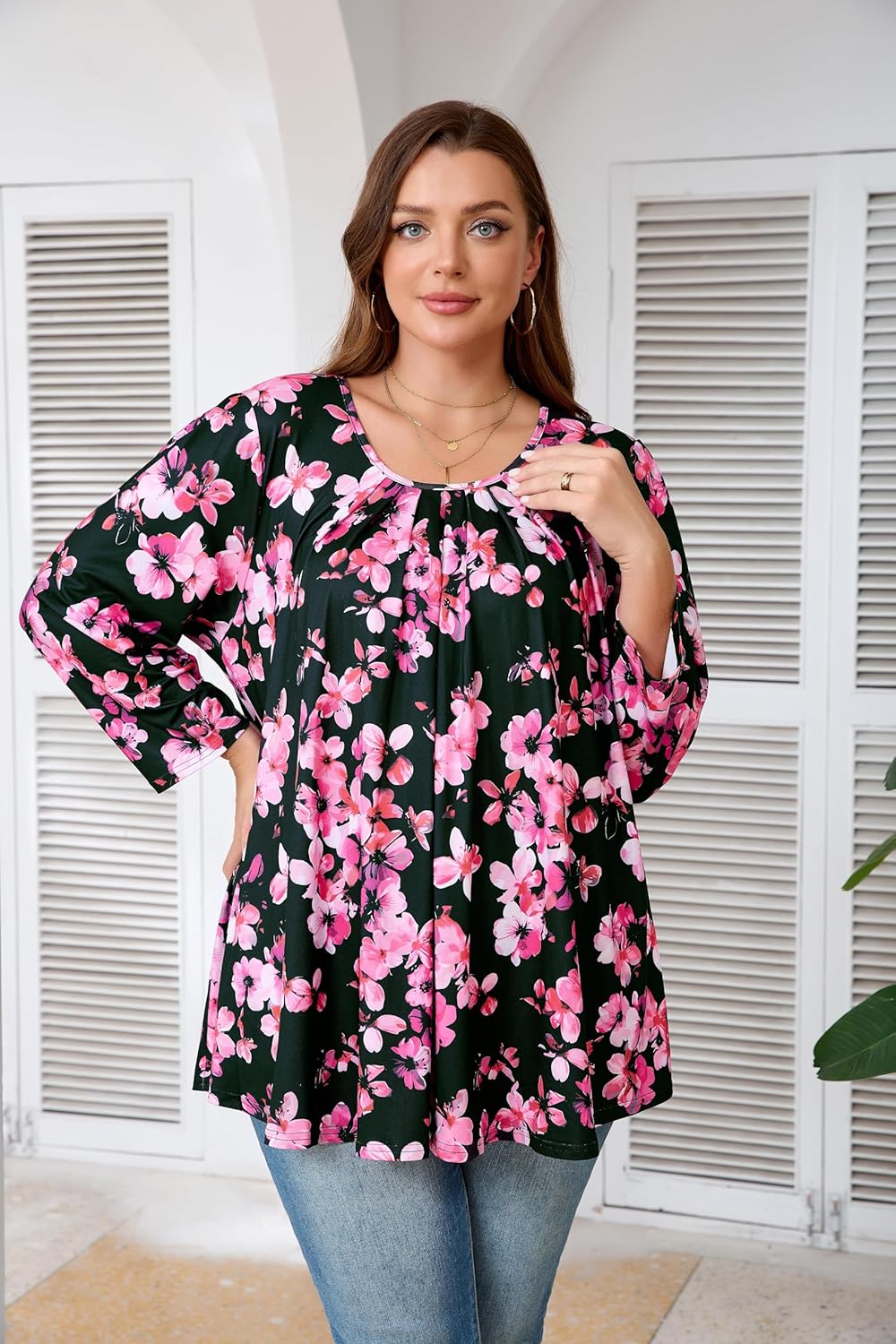 Plus Size Tunic Tops for Women 3/4 Sleeve Tunics Loose Fit Shirt Crew Neck Pleated Solid Casual Dressy Blouses - Image 6