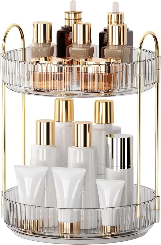 YCIA&DONE 360 Rotating Makeup Organizer and Storage for Vanity Bathroom Countertop, High Capacity Cosmetic Skincare Perfume Organizers for Dresser Lazy Susan (Clear White,2 Tiers)