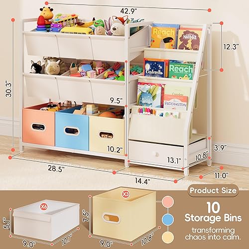Miniatura 2 de Organizador de almacenamiento de juguetes, estantería para niños y almacenamiento de juguetes con 3 estantes para libros y 10 contenedores de