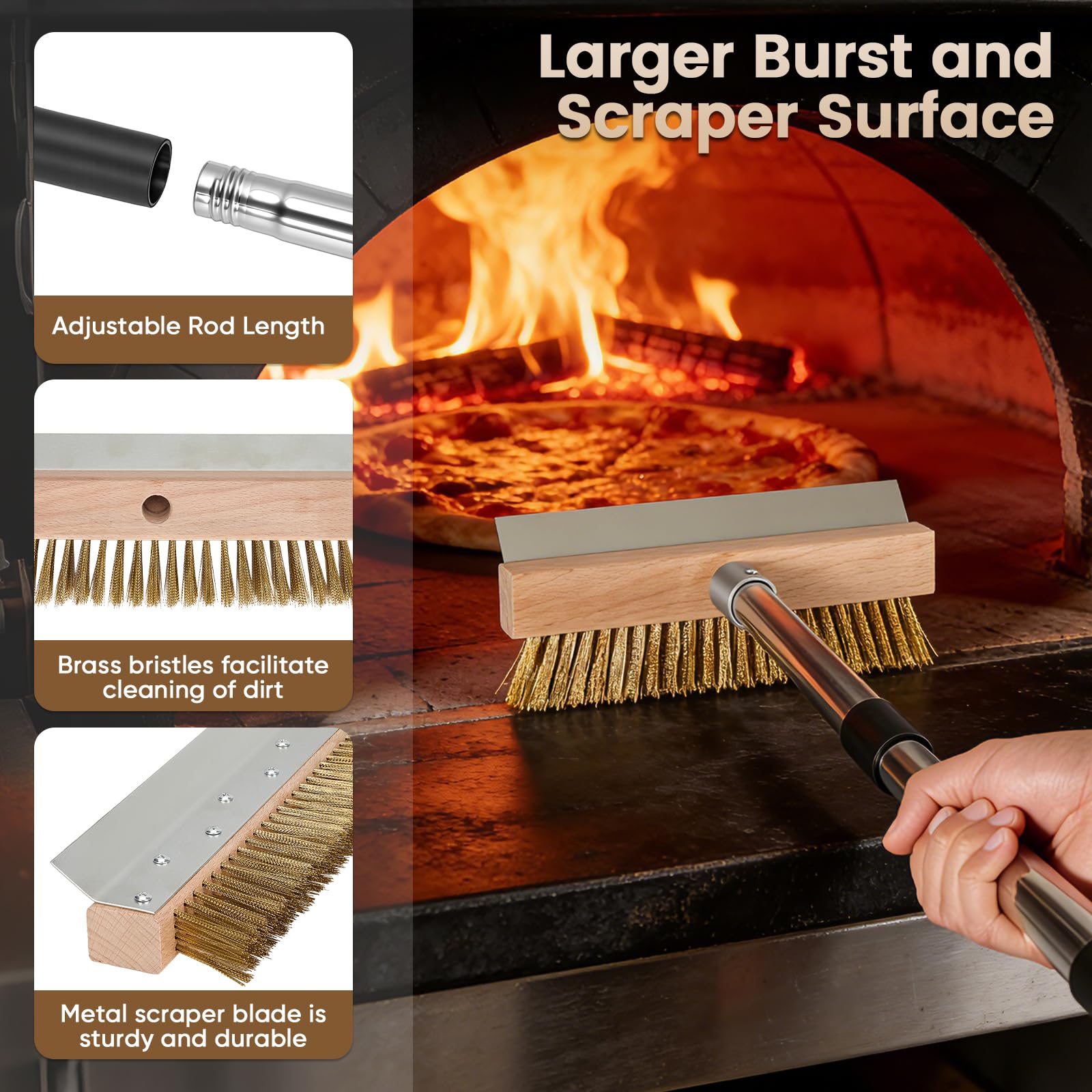 Spazzola forno pizza 2 in 1 con raschietto, manico regolabile 145 cm | spazzola per forno pizza in ottone da 25,5 cm per forno pizza a legna, barbecue, cucina, esterno e ristorazione