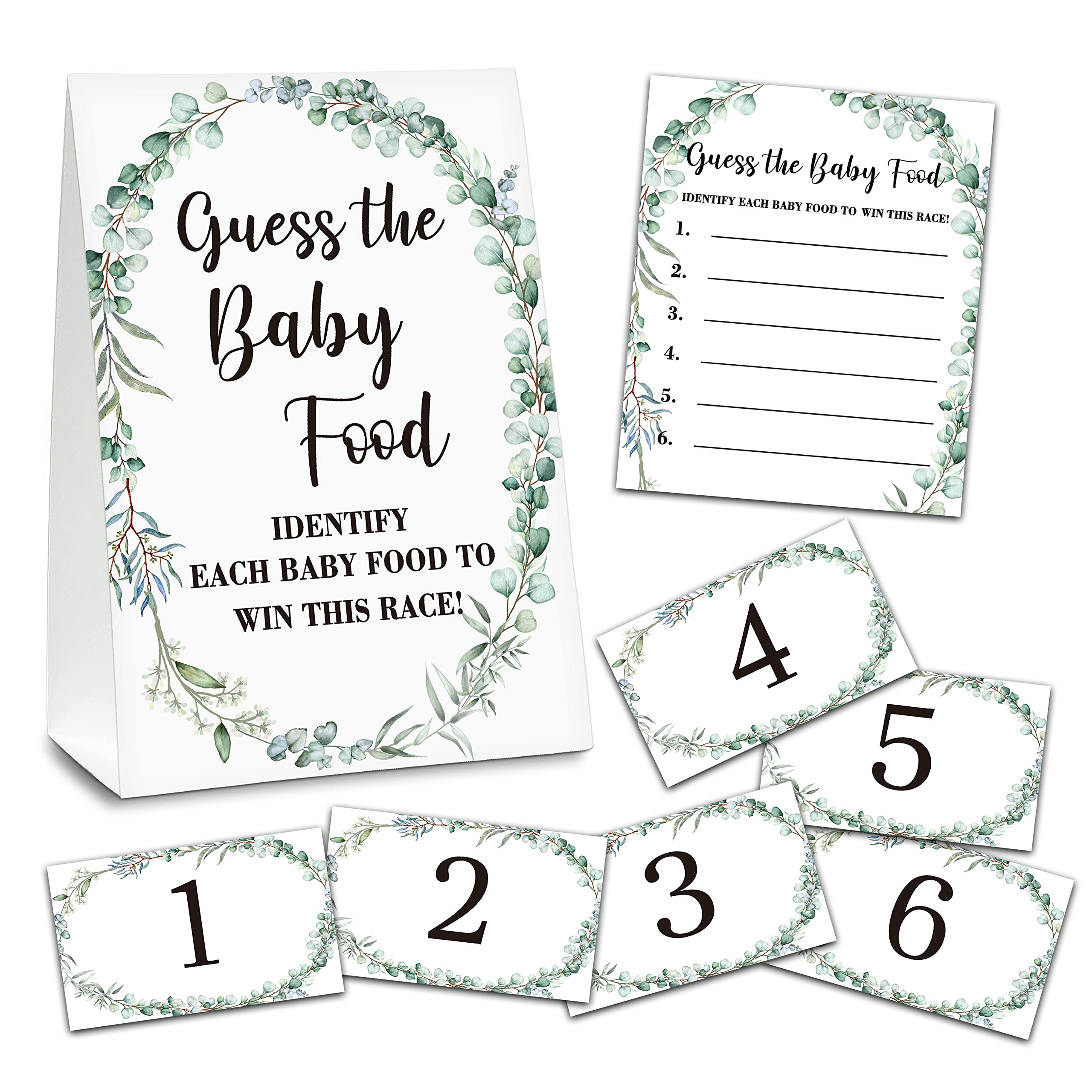 Greenery Baby Shower Party Game Set, Guess the Baby Food, 1 Standing Sign With 25 Answer Cards & 6 Number Cards, Gender Reveal Party Game Decoration