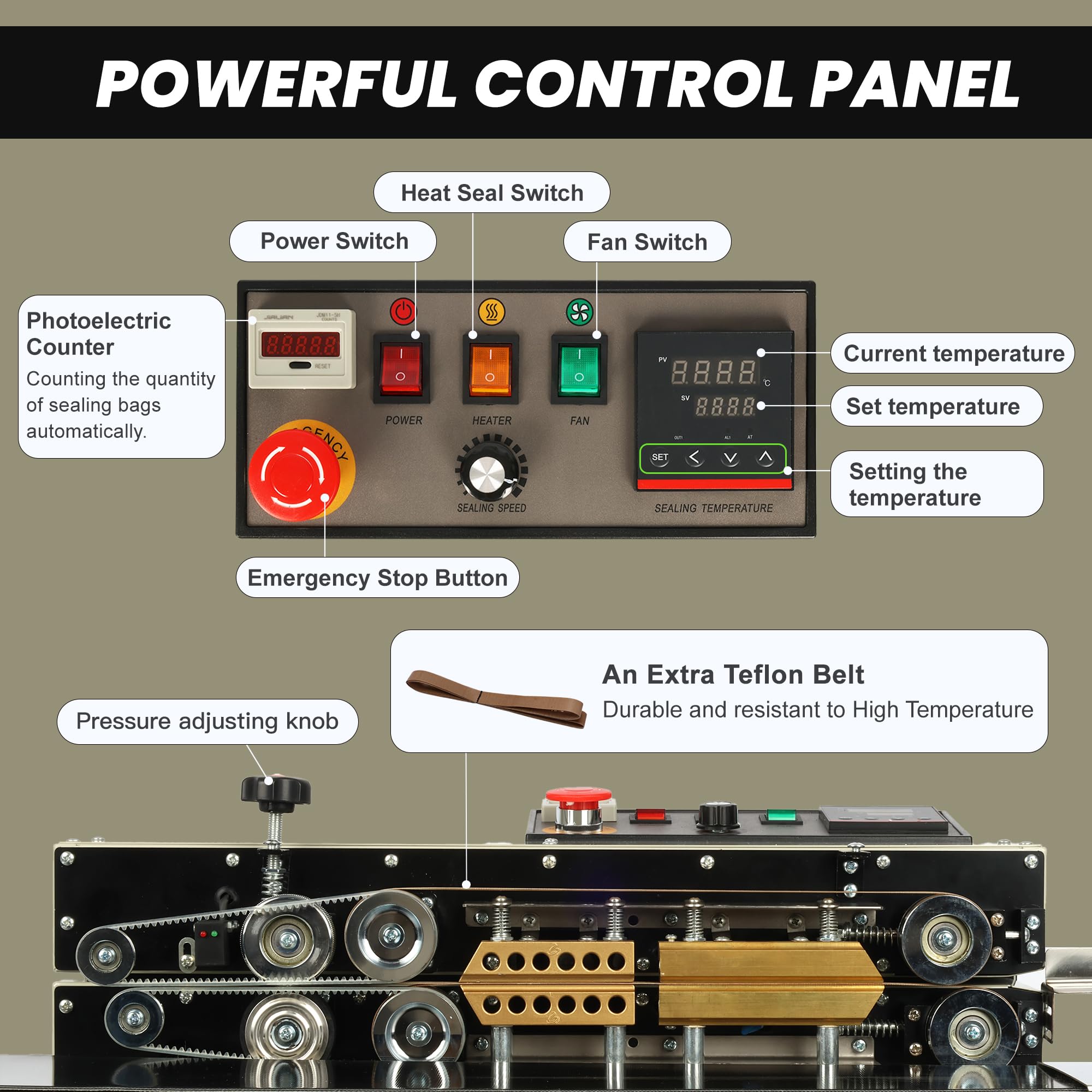 U.S. Solid Máquina selladora de banda continua, sellado térmico horizontal de 12 mm de ancho, posición de sellado ajustable, control de temperatura y velocidad, 110 V, 600 W
