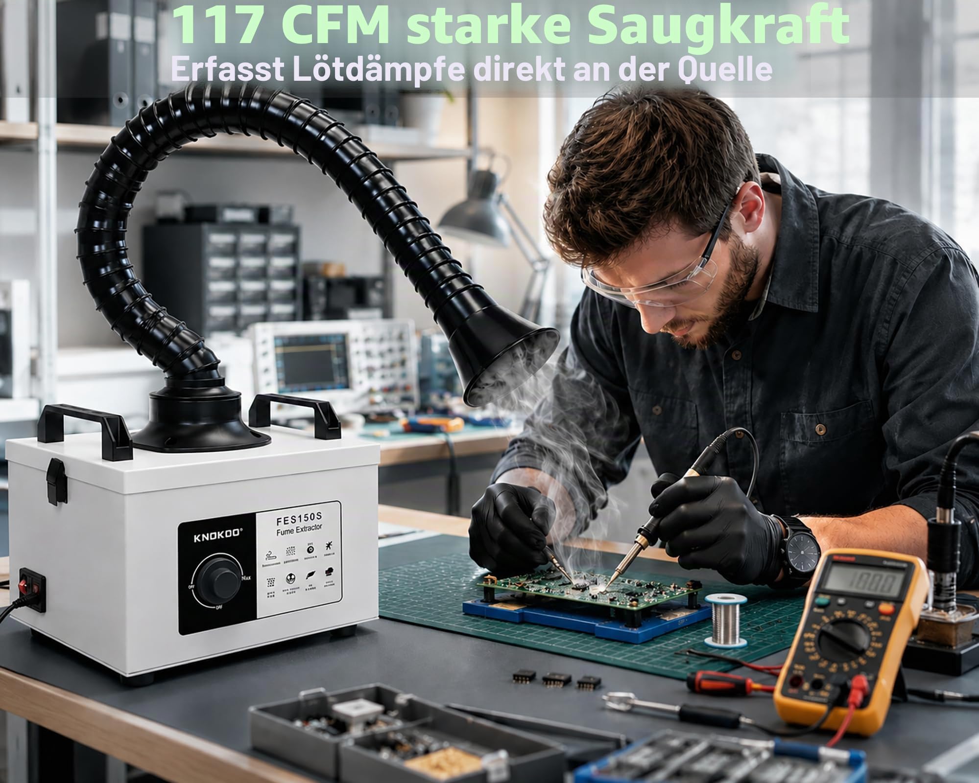 FES150S Lötzauchabsaugung, 200 m³/h, 100 W, starke Saugkraft, geräuscharm, 3-stufige Filtration, 99,97% Reinigung, für 5W Lasergravierer und Tischlöten, Elektronikreparatur Rauchabsorption（220V） | Für Werkstätten Lötbank und Lasergravur, 100 W, 200 m³/h (