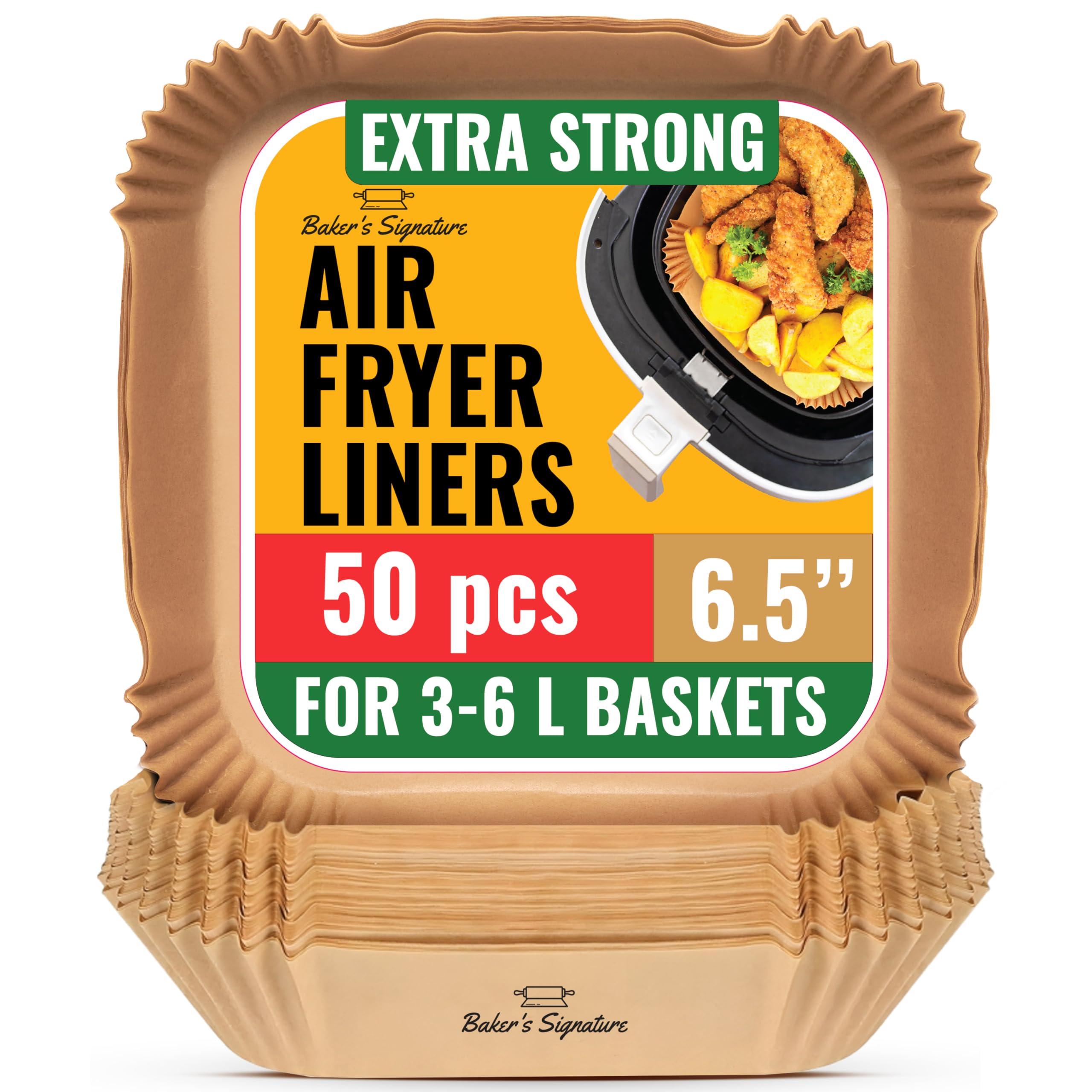 Air Fryer Liners, 50Pcs 6.5” Square, Non-Stick and Oil Proof for Easy Cleanup, Airfryer Liners Disposable Compatible with COSORI, Ninja, Tefal Fryers by Baker's Signature — image 1