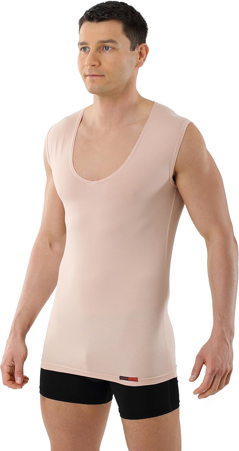 ALBERT KREUZ Men's Invisible Sleeveless Business Undershirt with deep v-Neck Stretch Cotton Nude Beige