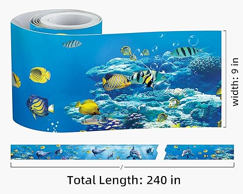 Vista 350 de FLFK Calcomanías de pared para despegar y pegar, para habitación de los niños, calcomanías de peces bajo el mar, 4 x 240 pulgadas (azul)