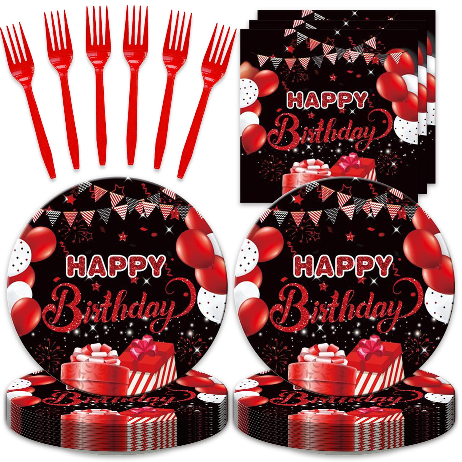 Red and Black Happy Birthday Decorations Disposable Happy Birthday Plates and Napkins Forks Set Party Supplies 48Pcs Red and Black Party Decorations