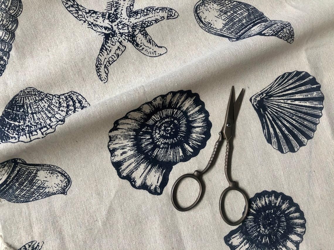 Ocean Beach Shell Star Cotton Linen Nautical Fabric Natural Dark Blue Marine Hessian Jute Sea Material Home Decor - Image 2