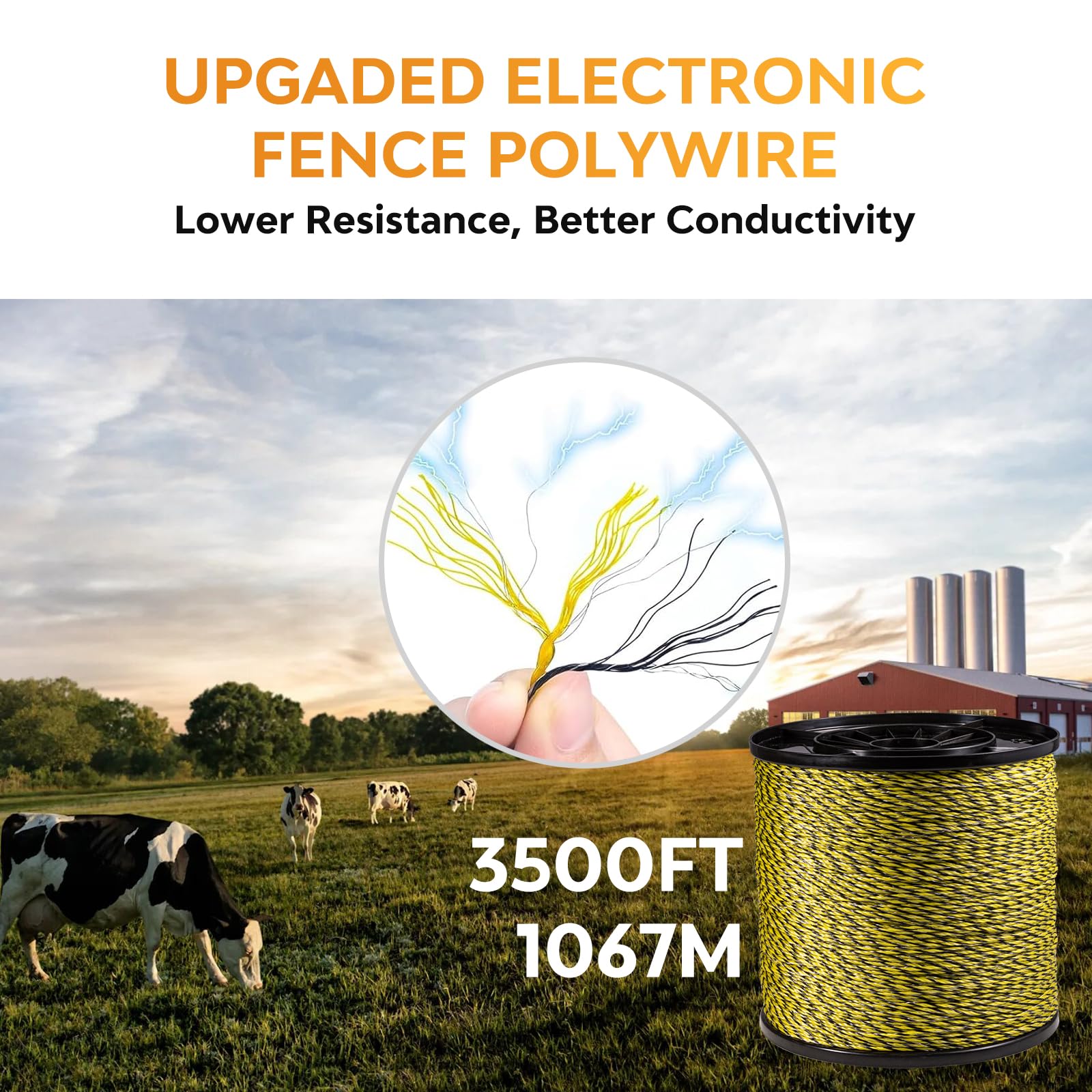 Corda per recinzione elettrica, 1067 m, 9 fili in acciaio inox, alta conduttività | 3,0 mm, resistente, ad alta visibilità, giallo-nero, per cavalli, capre, cani, protezione delle colture