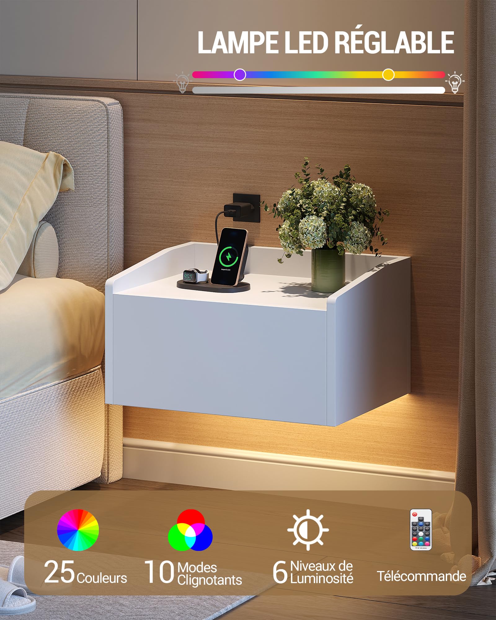 Hzuaneri Table de Chevet Suspendue,Table de Nuit Murale avec Éclairage LED
