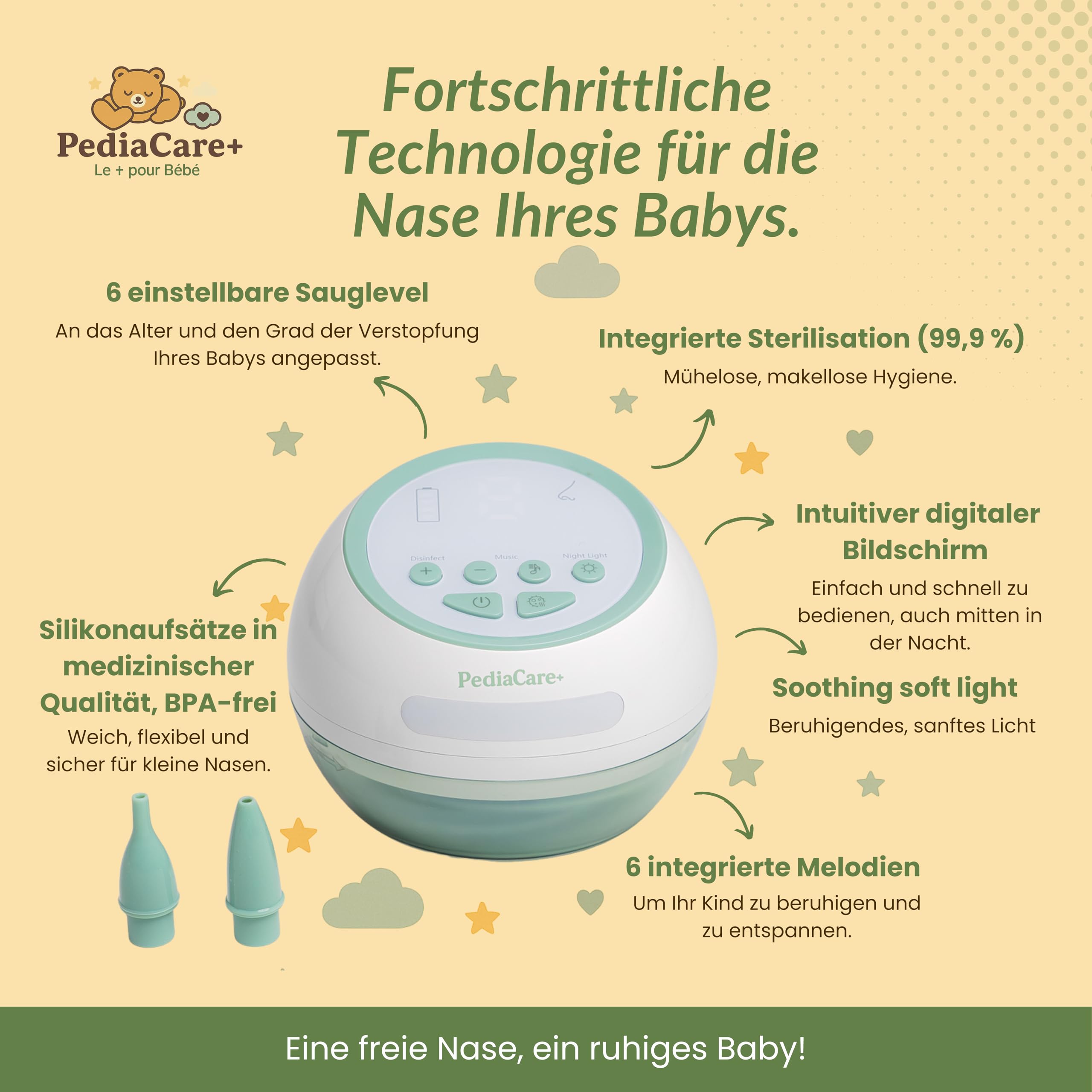 Pediacare+ Nasensauger Baby Elektrisch Starke Saugleistung, 6 Stufen, Silikonaufsätze, Musik & LED-Licht, Wiederaufladbar, Hygienisch, Für Neugeborene & Kleinkinder