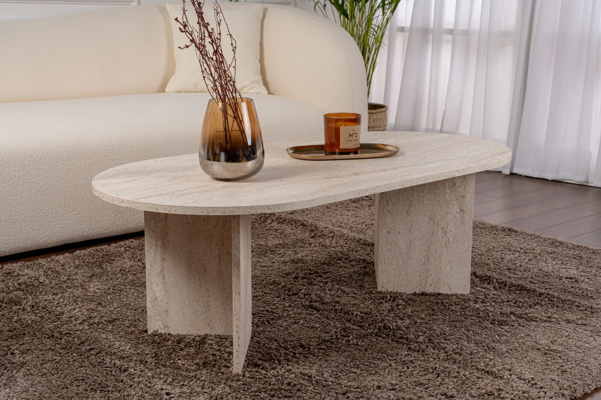 Eleganter Couchtisch, Travertine-Farbe, 119 x 39,8 x 60 cm | 100% melaminbeschichtete Spanplatte, 18 mm Stärke | stilvolles Marmordesign für Moderne Wohnräume