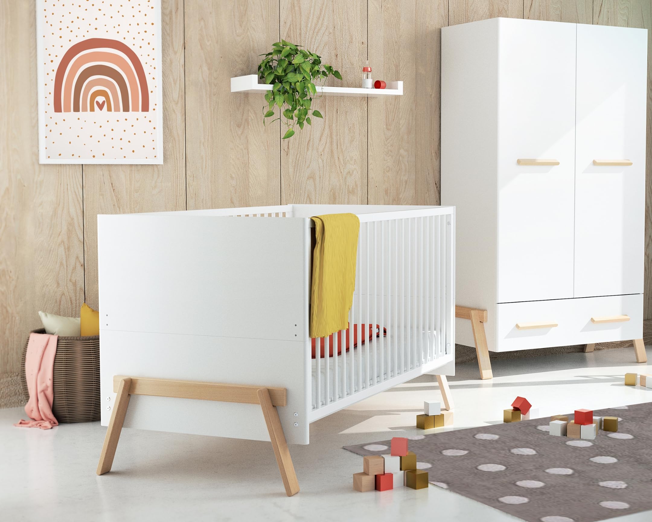 AT4 - Cuna bebé evolutiva CANAILLE madera - Blanco/Haya Barnizada - 70 x 140-155 x 79 x 87,50 cm