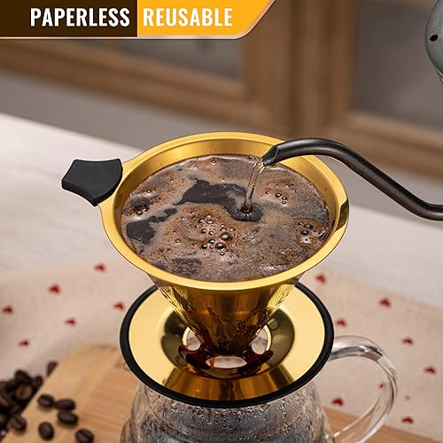 Miniatura 3 de Filtro de café reutilizable de acero inoxidable para verter sobre goteo, colador de café sin papel, cafetera de una sola taza, 1-4 tazas (oro
