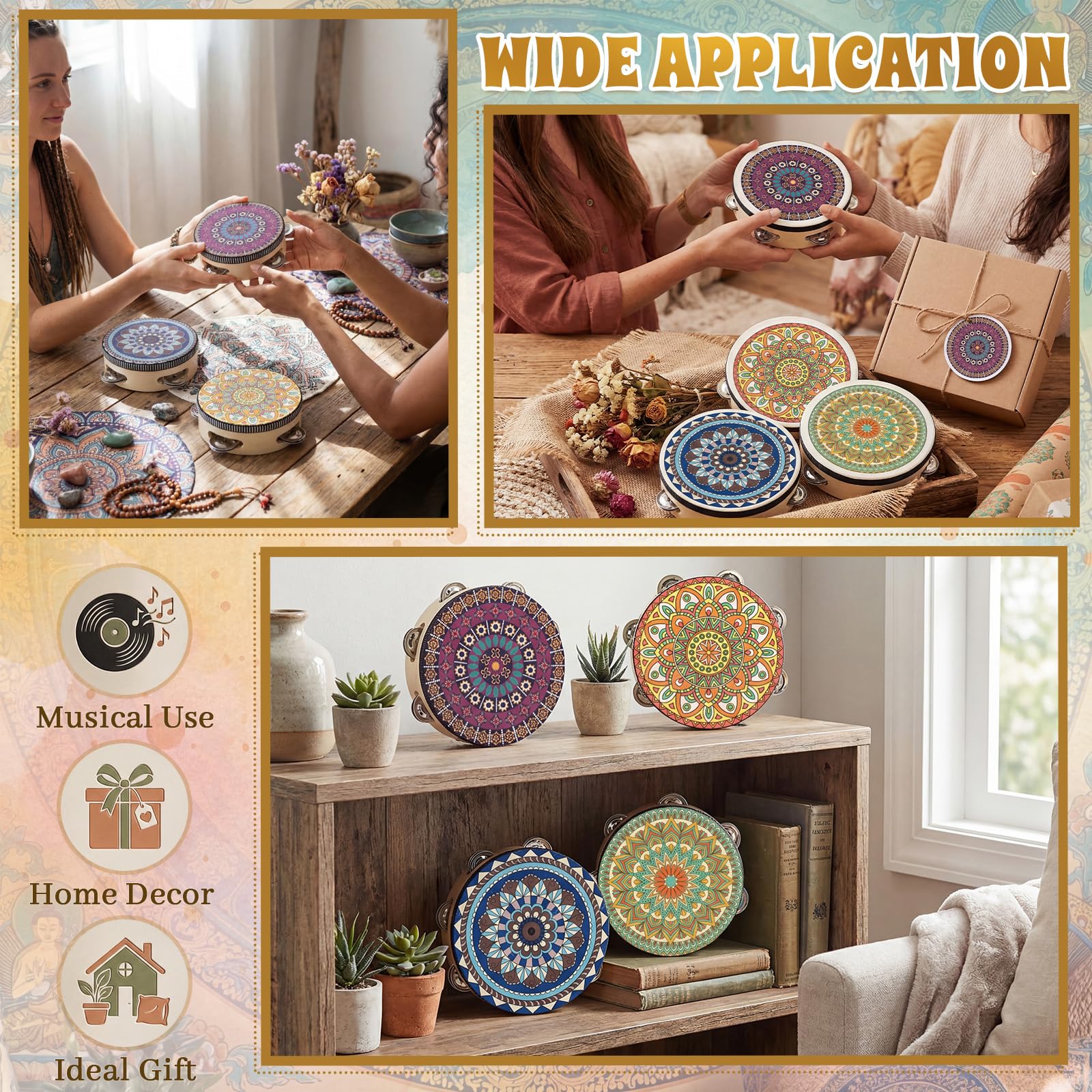 Boao Mandala-Tamburine aus Holz, 10,2 cm, mit Metallschellen, dekoratives Boho-Percussion-Instrument für Erwachsene, Kirche, Hochzeit, Tanz, Partyzubehör, Fotografie-Requisiten, 12 Stück
