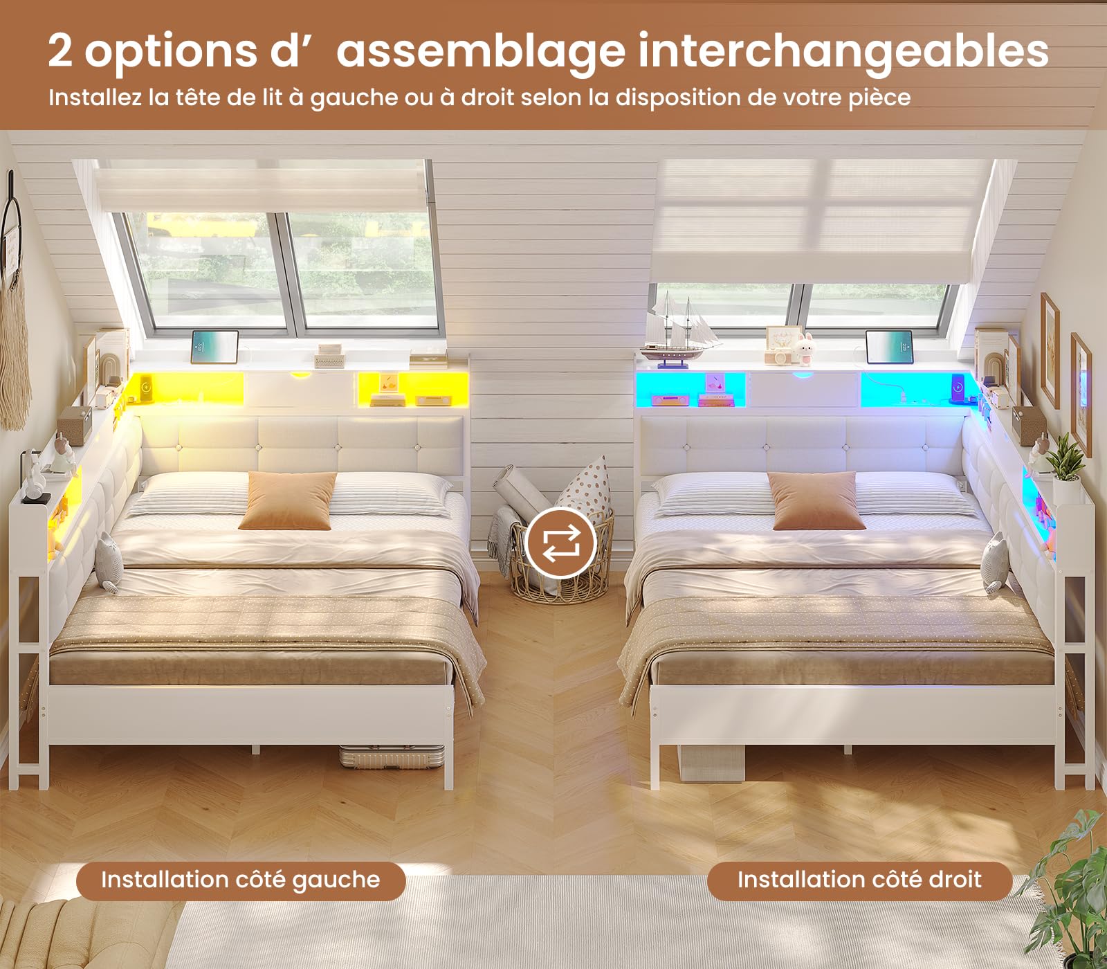 AOGLLATI Canapé-lit 140x190 avec Multiprise et Éclairage LED Réglable, Canapé-lit Convertible Capitonné avec 6 Compartiments et 24 cm d’Espace sous Lit (Beige, 140x190cm)