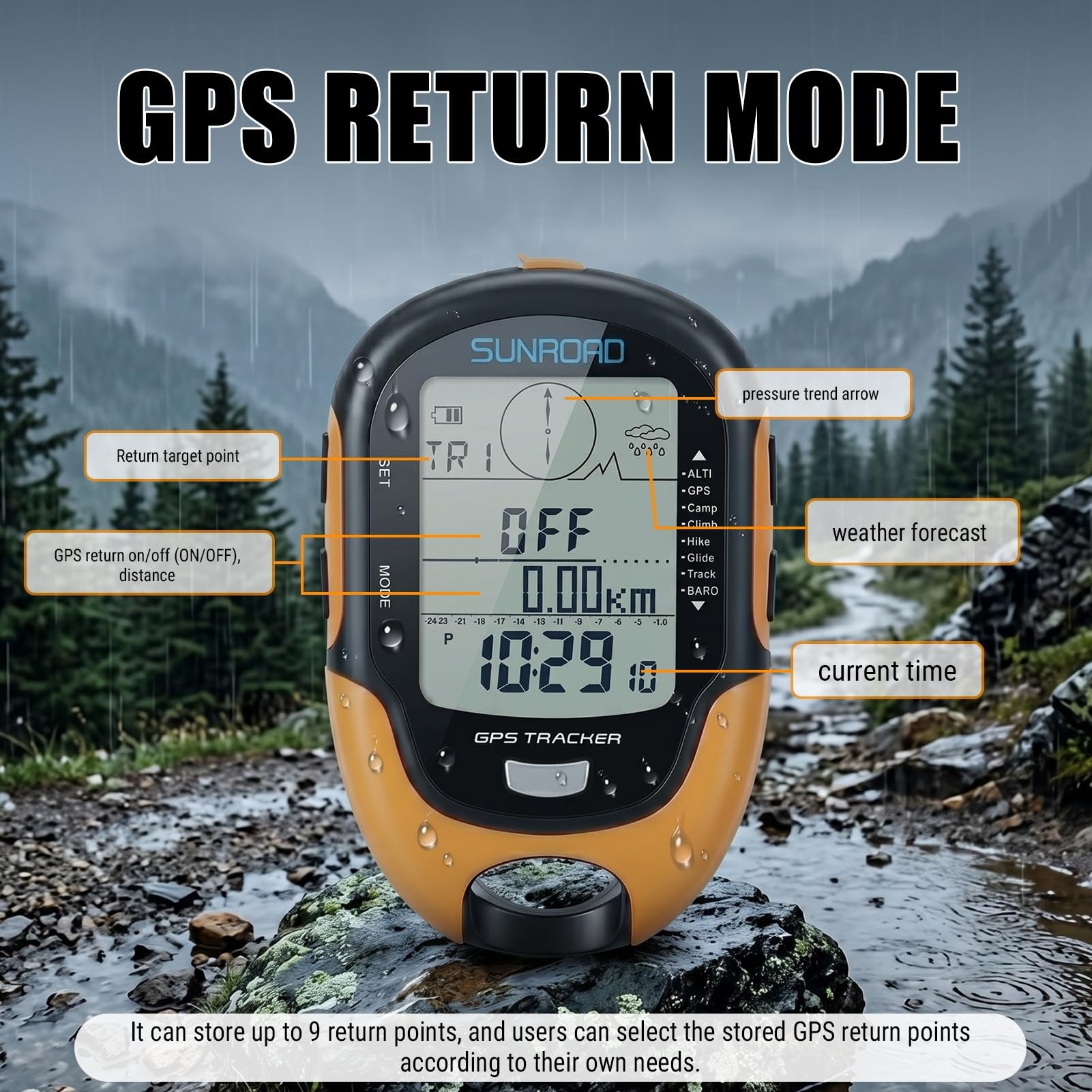Misuratore GPS, barometro GPS, 100 × 66 × 20 mm, IPX4, impermeabile, multifunzione, con sensore ad alta precisione, torcia LED