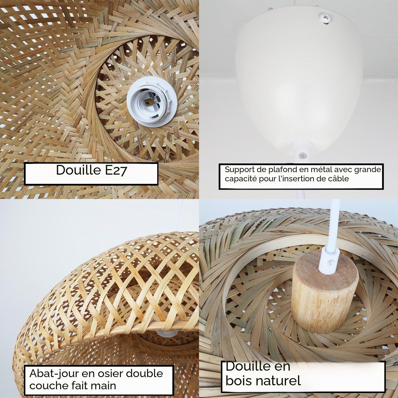 Alpinaluz Lampe Suspension en Bambou Tressé Beige Ø48cm avec Abat-jour Double Couche en Demi-Sphère, Douille en Bois E27 et Câble Blanc Ajustable, Idéale pour Salon, Salle à Manger et Chambre