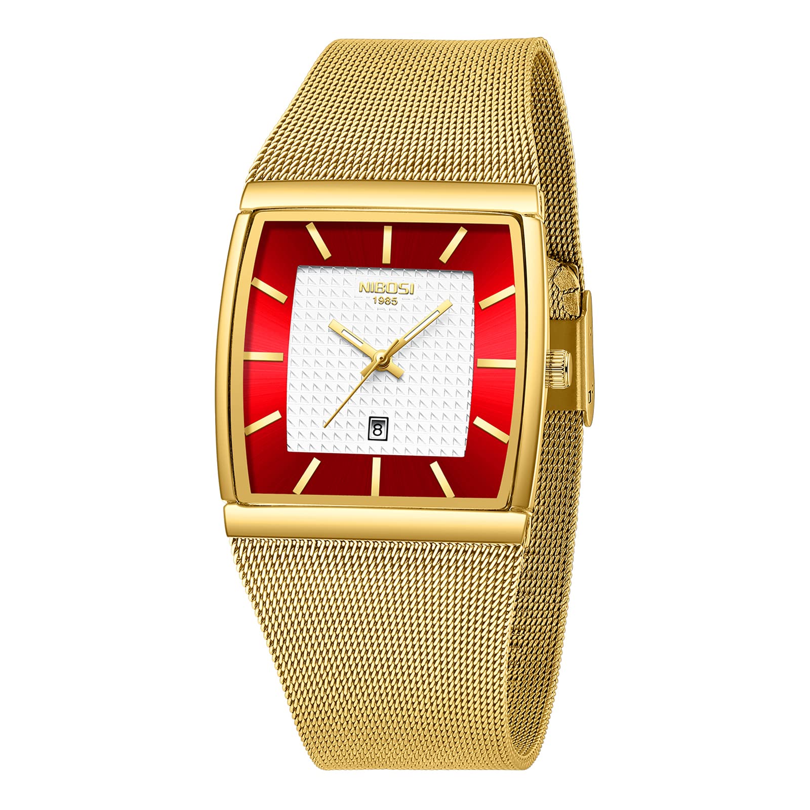 NIBOSI Orologi da uomo Orologi analogici quadrati al quarzo in acciaio inossidabile per uomo Cinturino a maglia Impermeabile Orologio sportivo da lavoro con datario