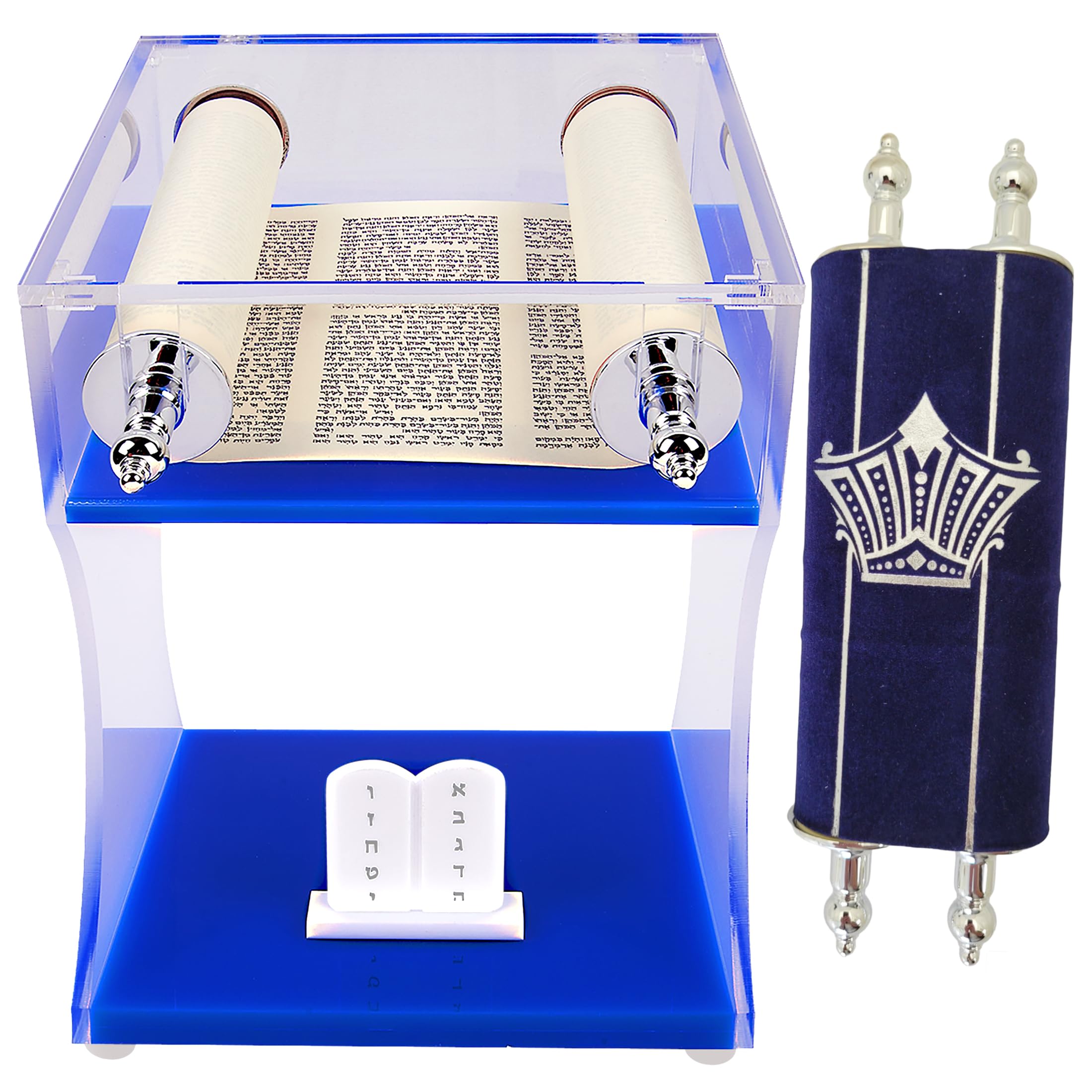 Zion Judaca Acrylic Torah Bimah Display Table with 8" Mini Sefer Torah Scroll full scripture included, Clear & Blue Shulchan Stand Slanted Top with Secure Rollers and Ten Commandments Tablets