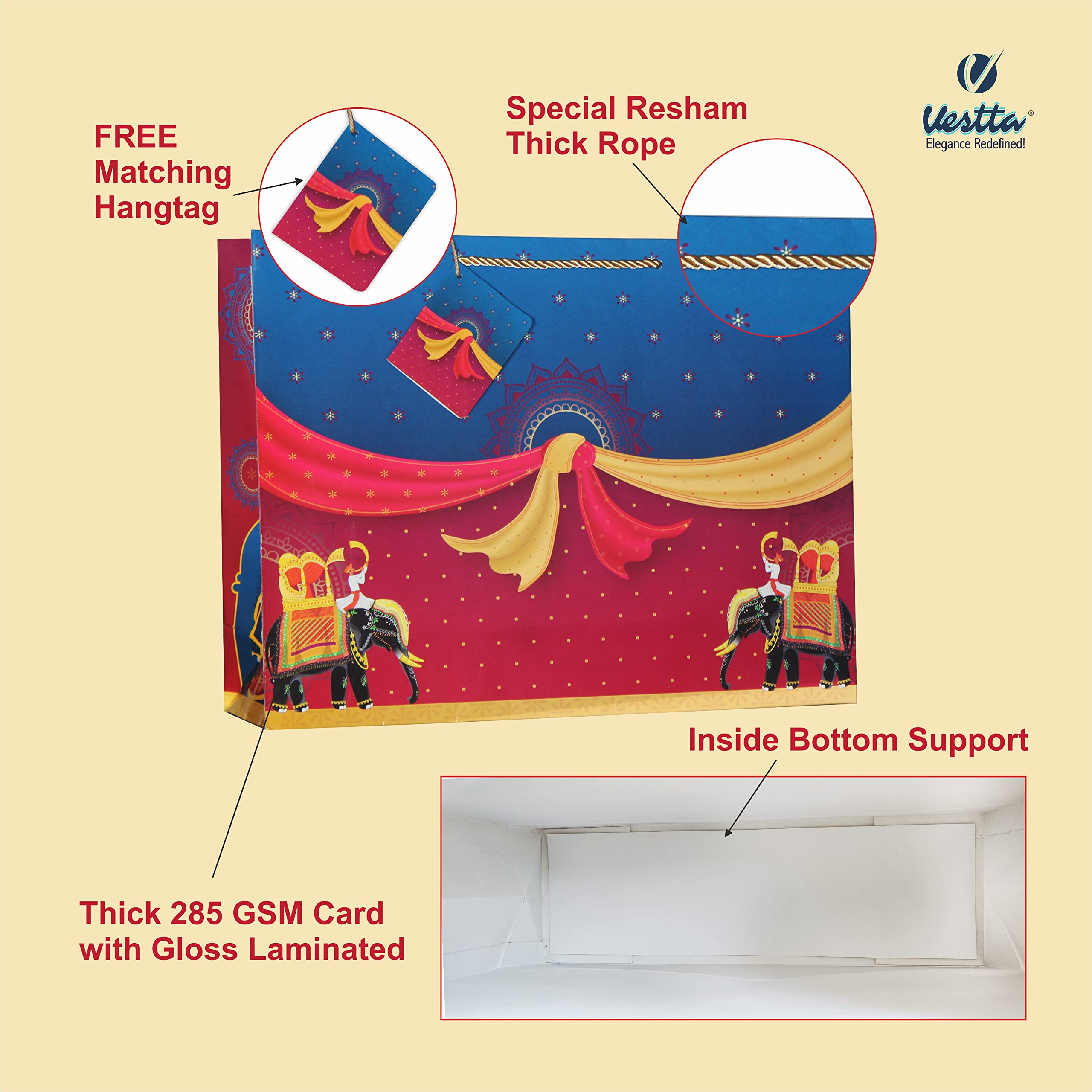 VESTTA -ELEGANCE REDEFINED Gift Paper Bag,Extra Large,17 (L) X 5 (B) X 13 (H) Inch,Bandhan,Dulha Dulhan,Barat Print For Weddings,Engagements,Bridal Showers,Anniversaries - Blue,Red,10 Count 2