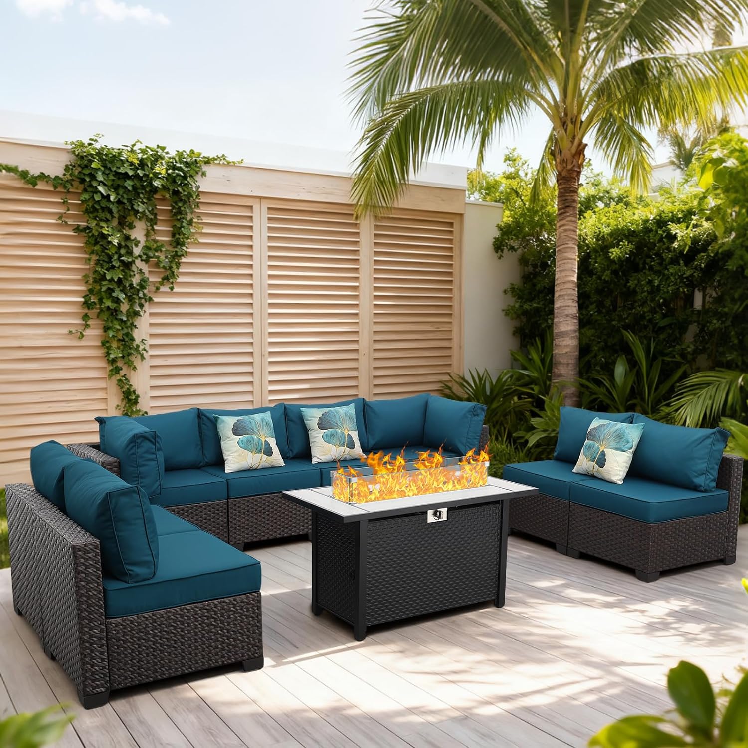 9 Pieces Wicker Patio Furniture Set Outdoor PE Rattan Sectional Conversation Sofa Set with Peacock Blue Cushions and 45 Gas fire Pit Table