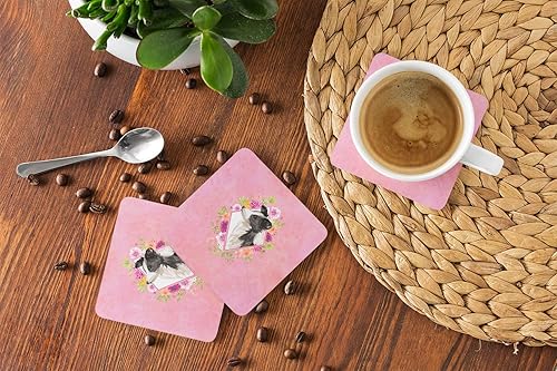Miniatura 4 de Caroline's Treasures CK4258FC Border Collie - Juego de 4 posavasos de espuma con diseño de flores rosadas, para interiores y exteriores, protección