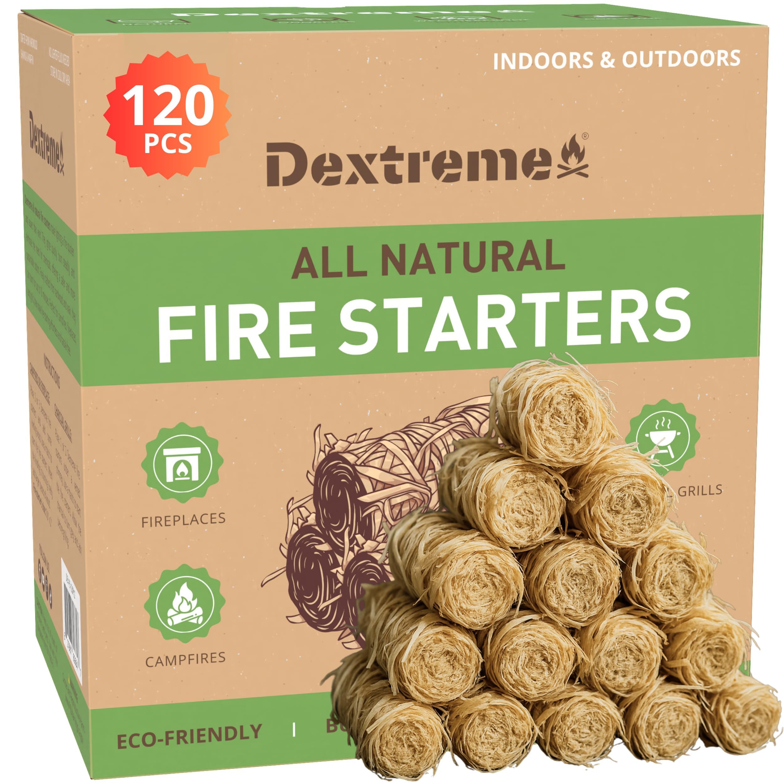 Dextreme Fire Starter (120 PCS) Natural Fire Starters for Campfire, Charcoal Starter, Fireplace, Wood Stove, BBQ, Chimney, Fire Pit, and Grill | All Weather, Odorless, Non-Toxic, w/10 Min Burning Time