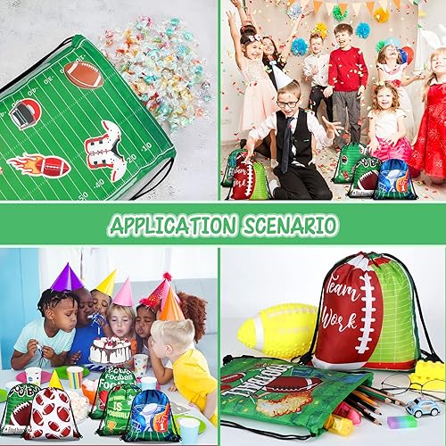 Miniatura 5 de Woanger 16 bolsas de fiesta de fútbol con cordón, bolsas de regalo de fútbol de 10 x 11 pulgadas, tela con estampado de fútbol, caramelos