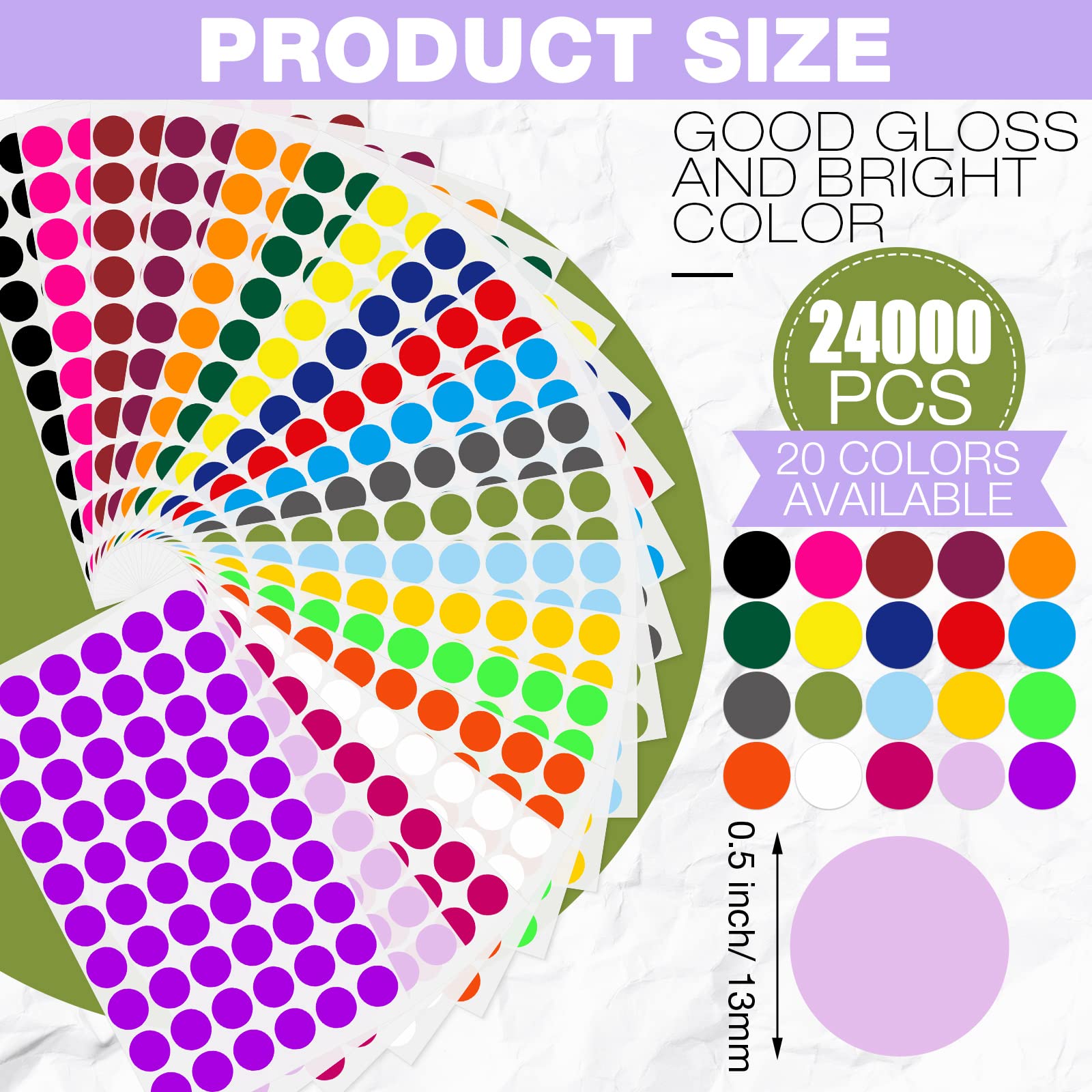 Lot de 24 000 étiquettes autocollantes rondes de 1,27 cm de couleur unie pour coloriage, marquage, organisation