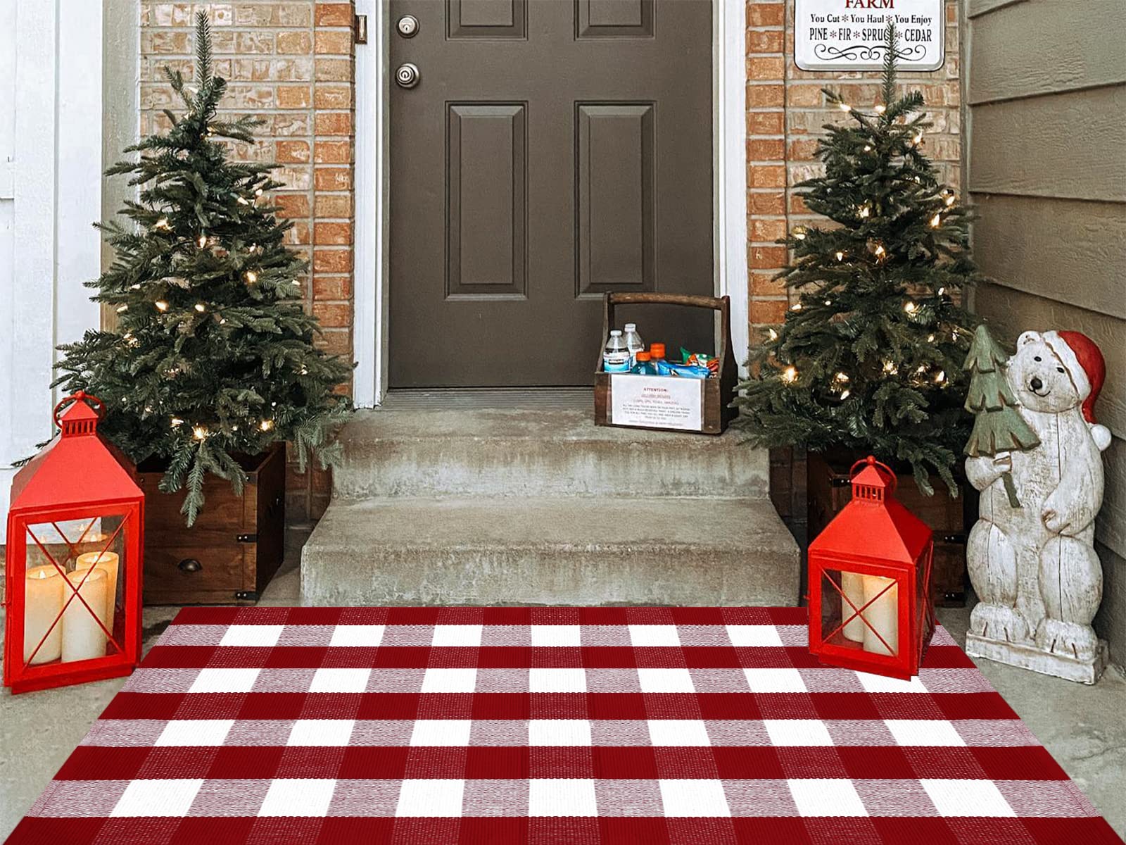 Ckorzen Alfombra de cuadros rojos y blancos, 3 x 5 pies, decoración navideña para puerta delantera, alfombra de algodón tejida a mano lavable para puertas de capas, alfombra para porche, entrada