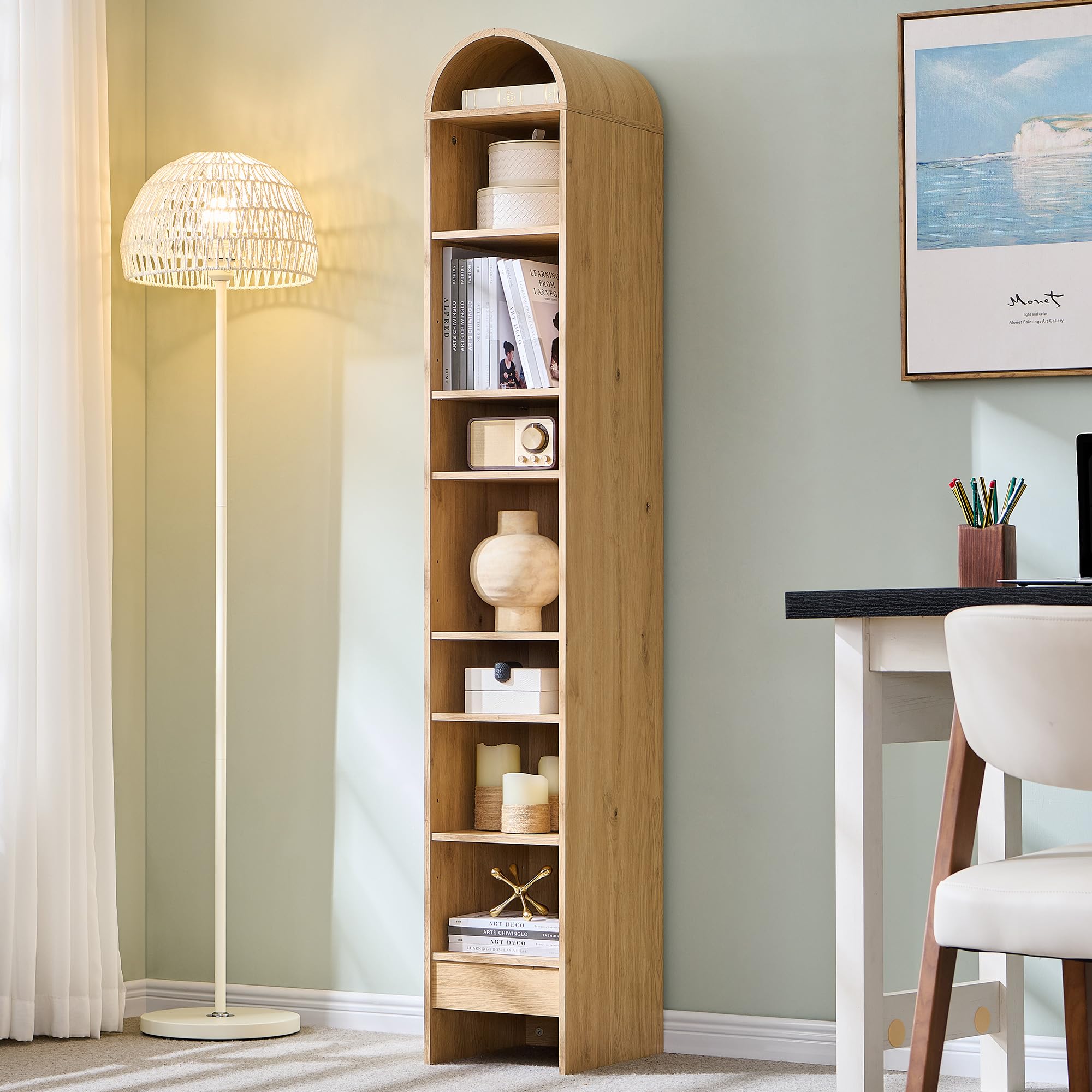 IFGET 67" Tall Arched Bookshelf, 8 Tiers Arch Bookcase with Storage, Modern Farmhouse Book Shelf with Adjustable Shelves, Wood Bookshelf w/Open