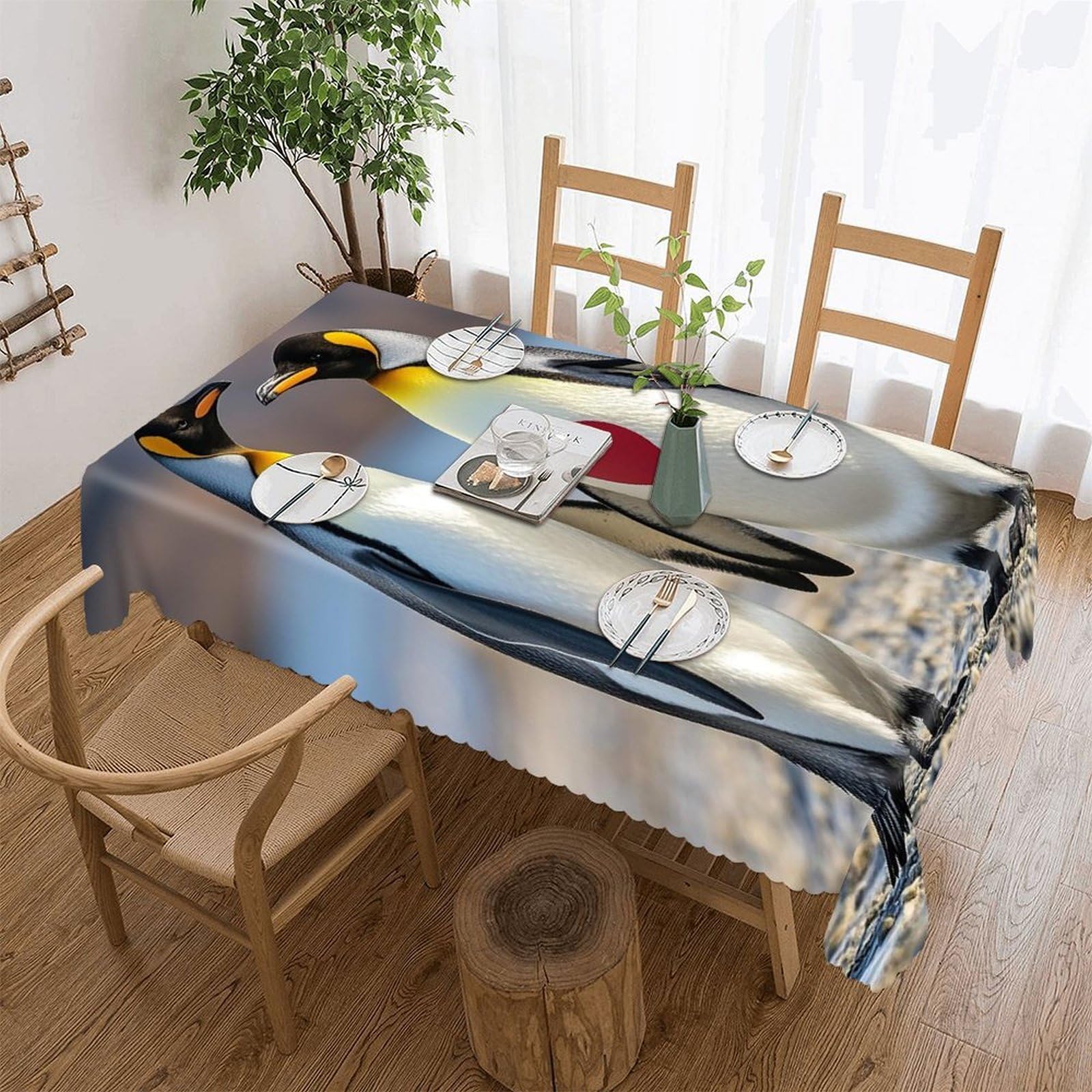 Penguin with Heart Tablecloth Rectangle Table Cloth Decorative Fabric Table Cover Waterproof Seasonal Table Cover Wrinkle Resistant Washable Table Cloth for Party Picnic Dinner Decor 60"x120"