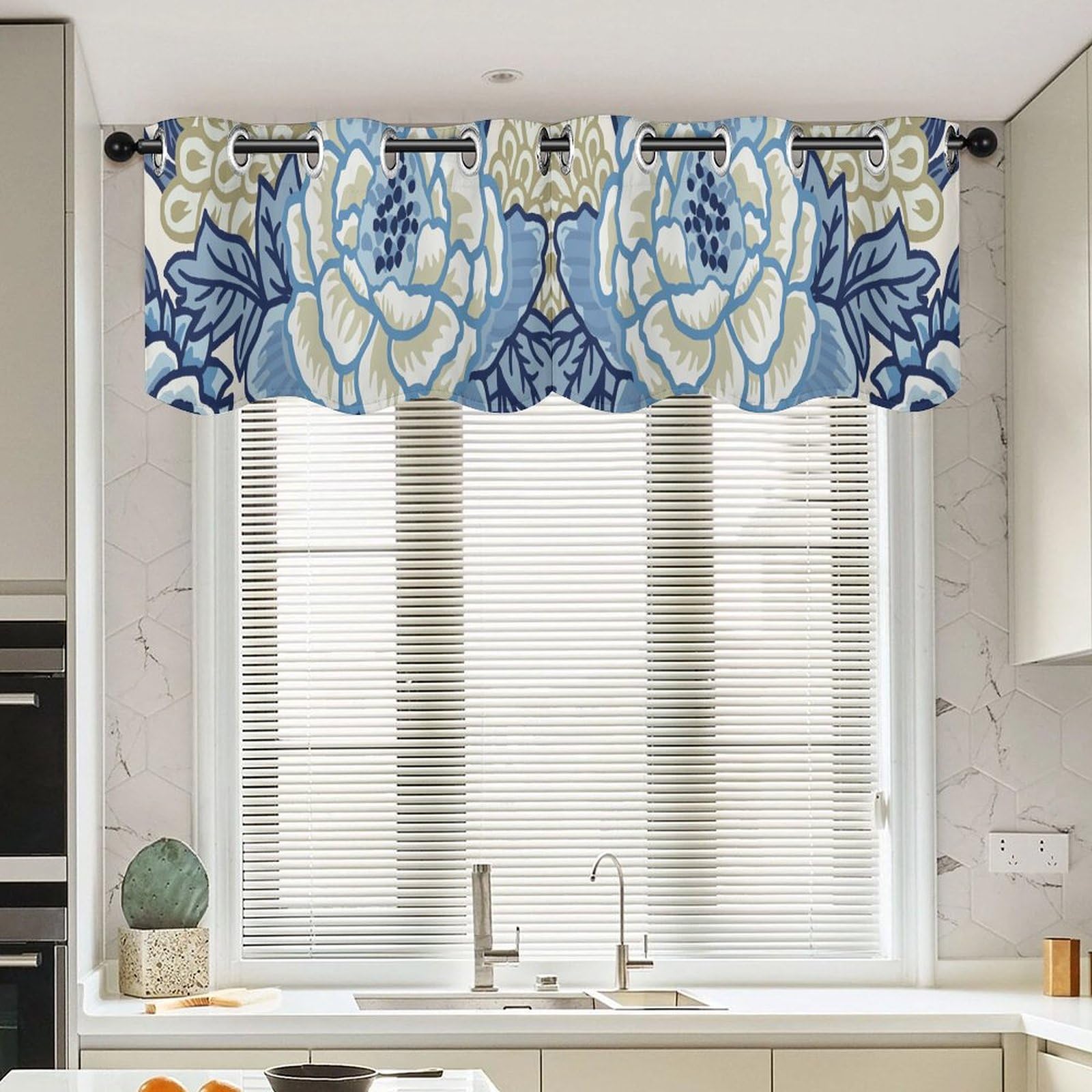Rideaux de cuisine à motif pivoine style Chinoiserie | Lot de 2 panneaux de cantonnière de style