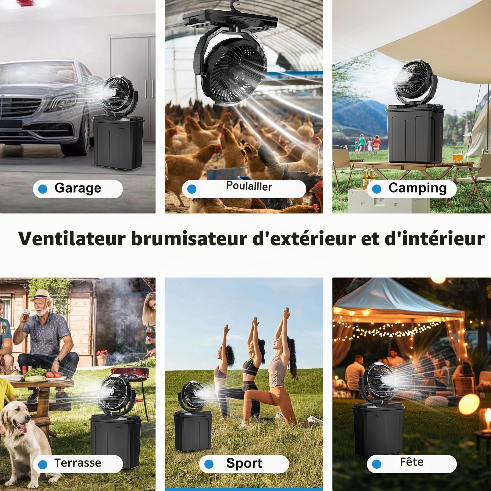 Ventilateur brumisateur portable avec réservoir d'eau de 9L, 3 vitesses, 3 modes de vaporisation, ventilateur de camping durable 20000mAh, oscillation à 80°, ventilateurs de refroidissement