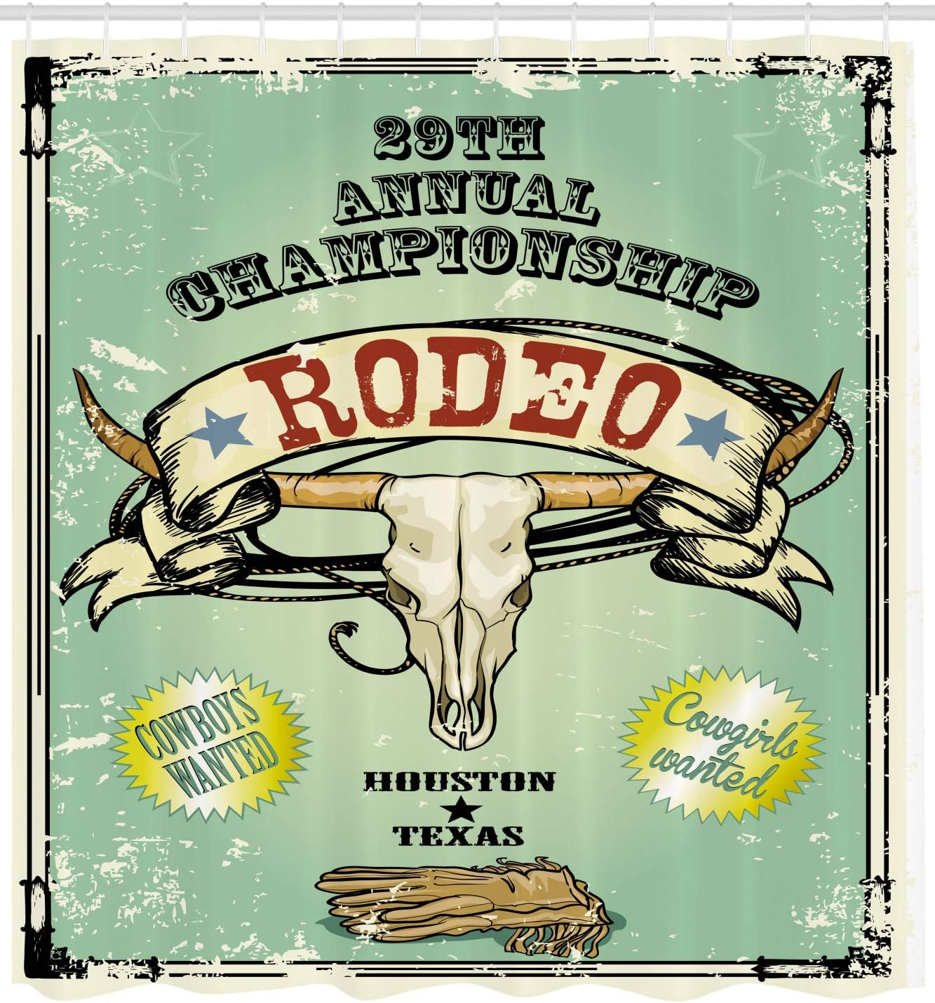 Ambesonne Western Shower Curtain, Retro Style Rodeo Championship Poster Bull Skull Large Horns with Banner Grungy, Cloth Fabric Bathroom Decor Set with Hooks, 69" W x 70" L, Seafoam Charcoal