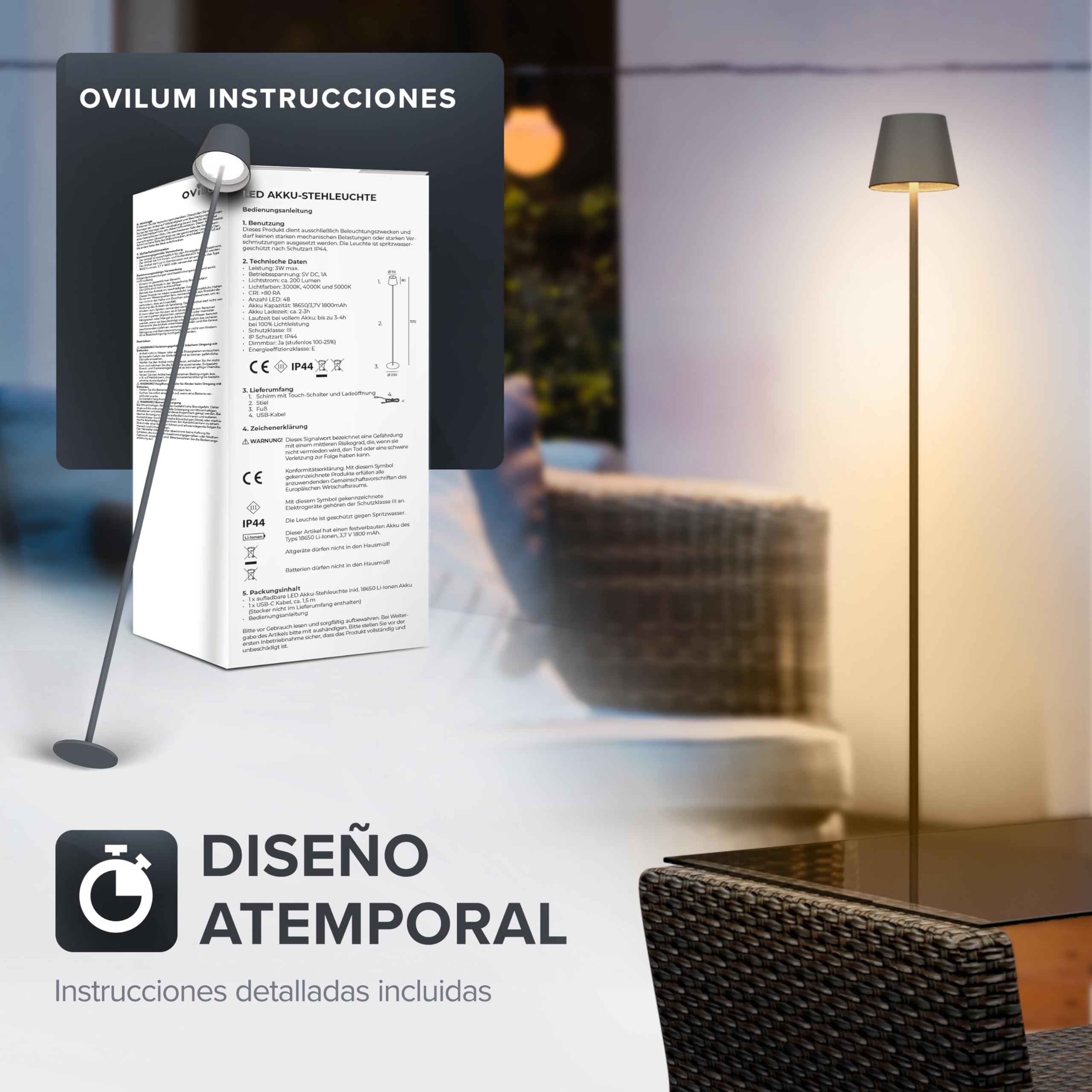 OVITEC ovilum Matar Lámpara de pie LED en aluminio antracita para interior y exterior inalámbrica Regulable | Blanco cálido/frío USB C recargable | Resistente al agua IP44 | Diseño moderno en gris.